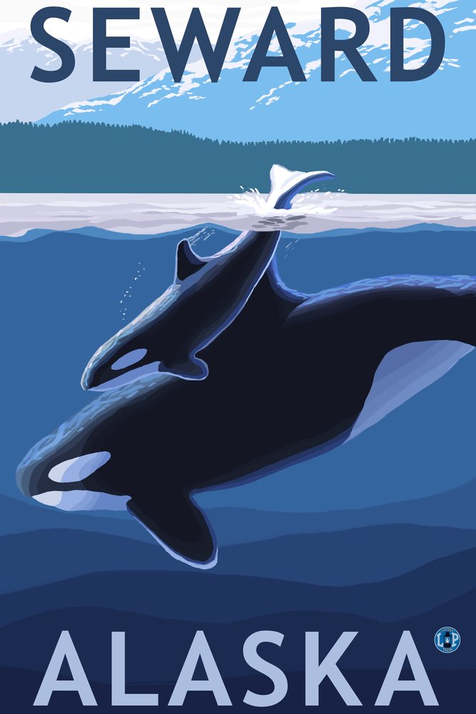 Seward Alaska Orca and Calf Metal Wall Art - 16x24 Gallery Quality Aluminum Print - Coastal Home Decor for Living Room, Office & Beach House