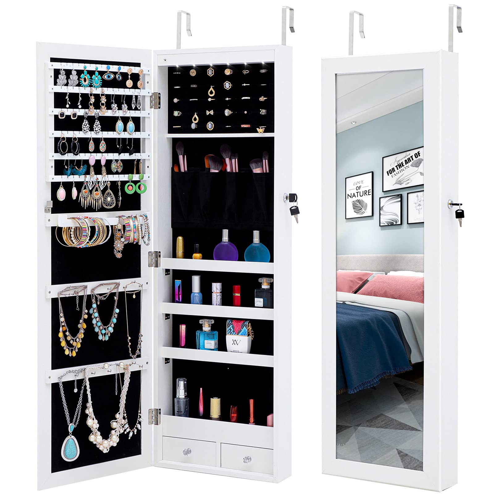 MTFY 6-LED Jewelry Storage Cabinet with Mirror - Lockable Wall/Door Mounted Jewelry Armoire Organizer, Makeup Box with 2 Drawers & Full Screen Display - Perfect for Bedroom, Closet, Dressing Room (Type6-White)