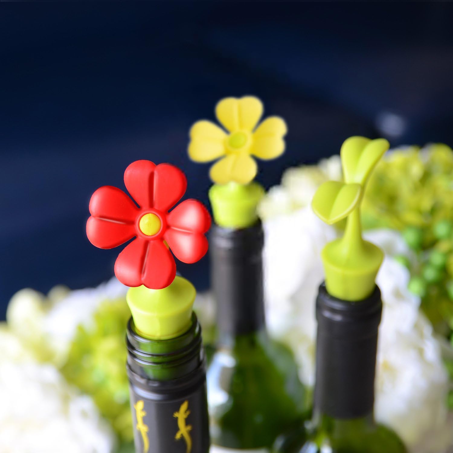 Premium Silicone Wine Bottle Stoppers - Set of 5 Flower-Designed Wine Corks & Sealers - Ideal Wine Accessories for Parties, Gifts & Home Bar Use