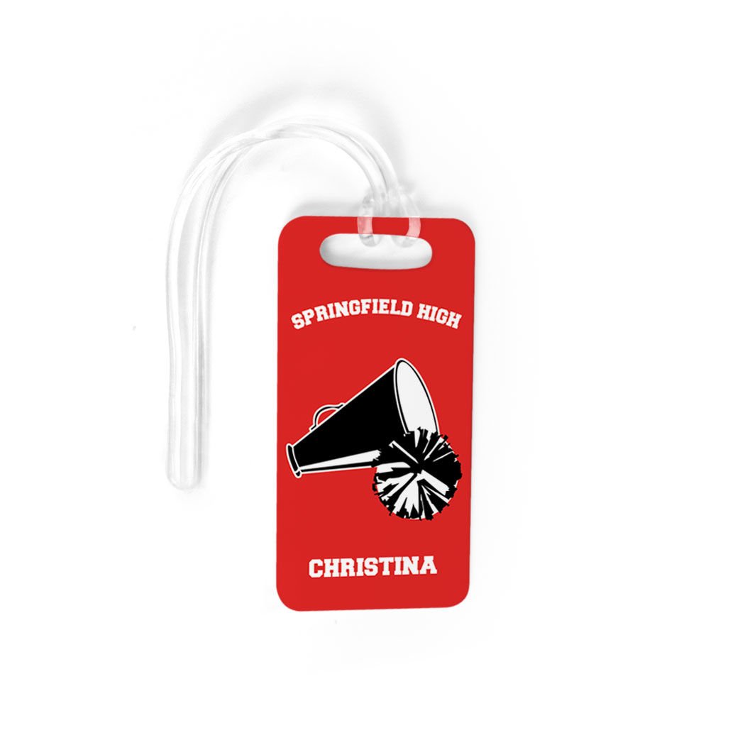 Personalized Cheerleading Luggage Tag & Bag Accessory - Cheer Team Pom Pom Megaphone Design with Standard Lines - Small Red & Black - Perfect for Gym Bags, Travel Luggage & Sports Equipment
