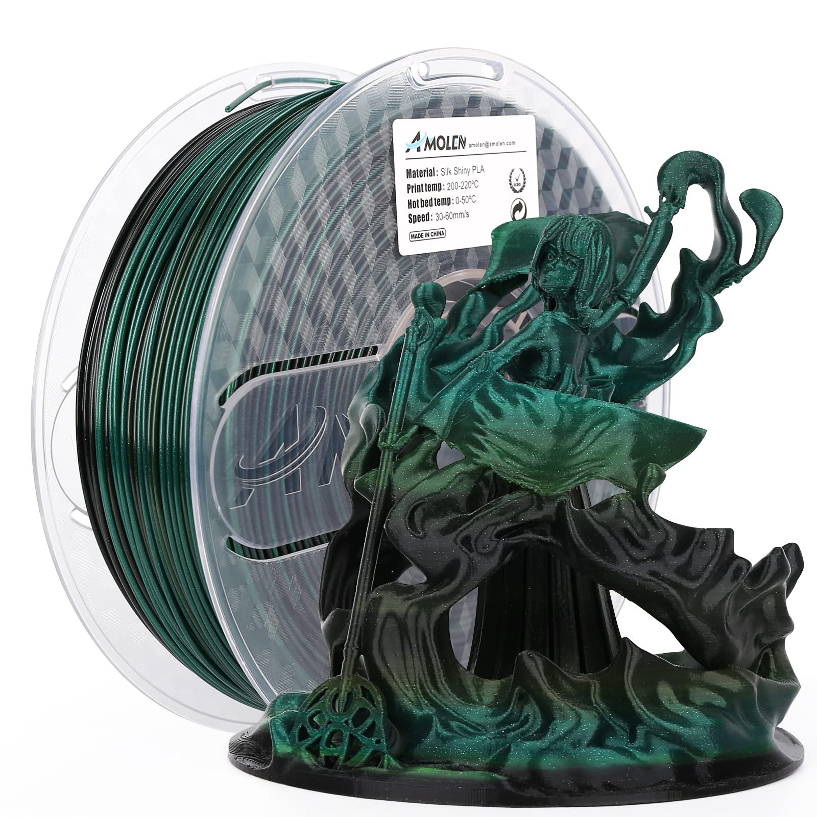 AMOLEN PLA 3D Printer Filament 1.75mm - Silk Black & Shiny Green 1KG/2.2lb Spool - High Quality 3D Printing Material for Cosplay, Home Decor & DIY Projects