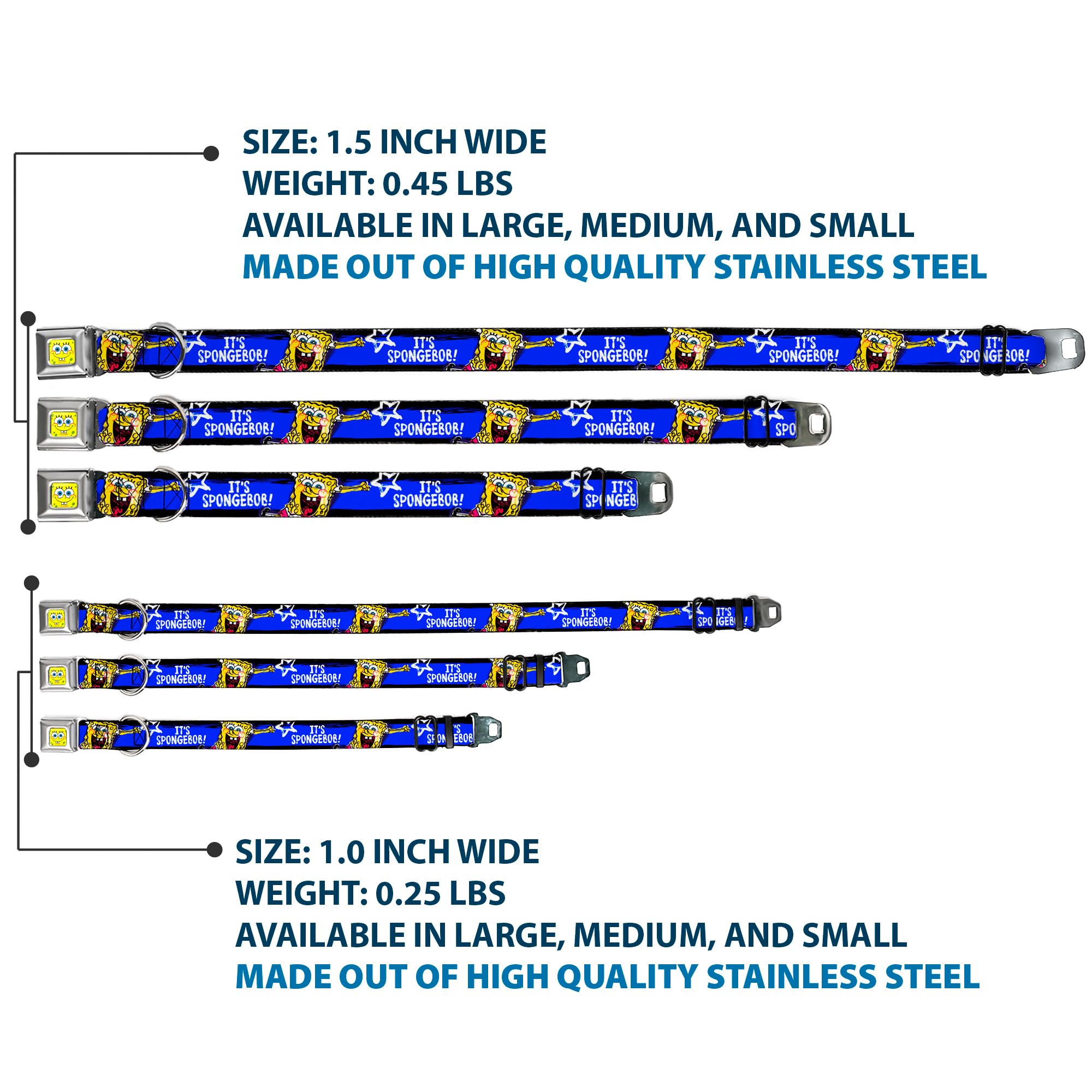 SpongeBob Dog Collar with Seatbelt Buckle - Adjustable 11-17 Inches, 1.0 Inch Wide - Black, Blue & White Striped Pet Safety Harness for Car Rides & Outdoor Adventures