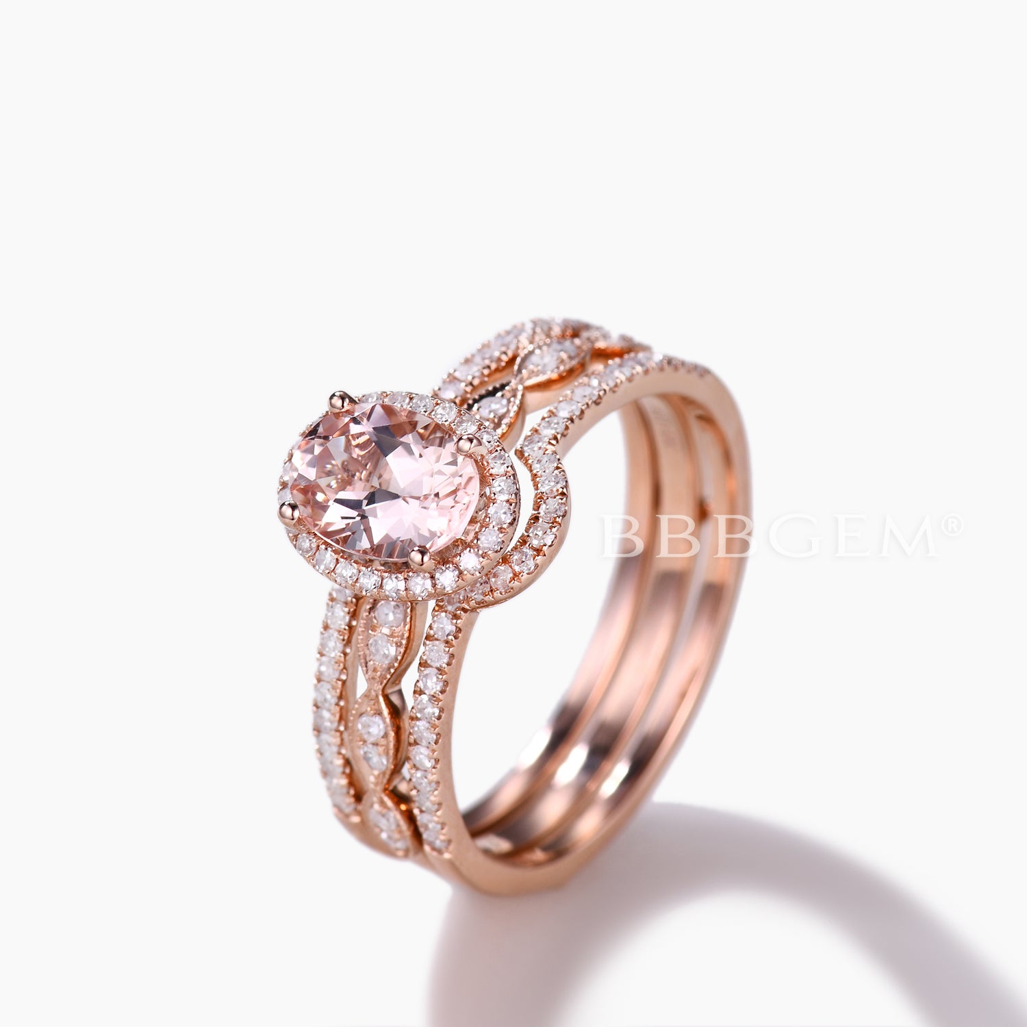 Stackable Oval Cut Morganite Engagement Ring Set with Diamond Accent Double Row Band - Perfect for Bridal, Wedding, and Anniversary Gifts