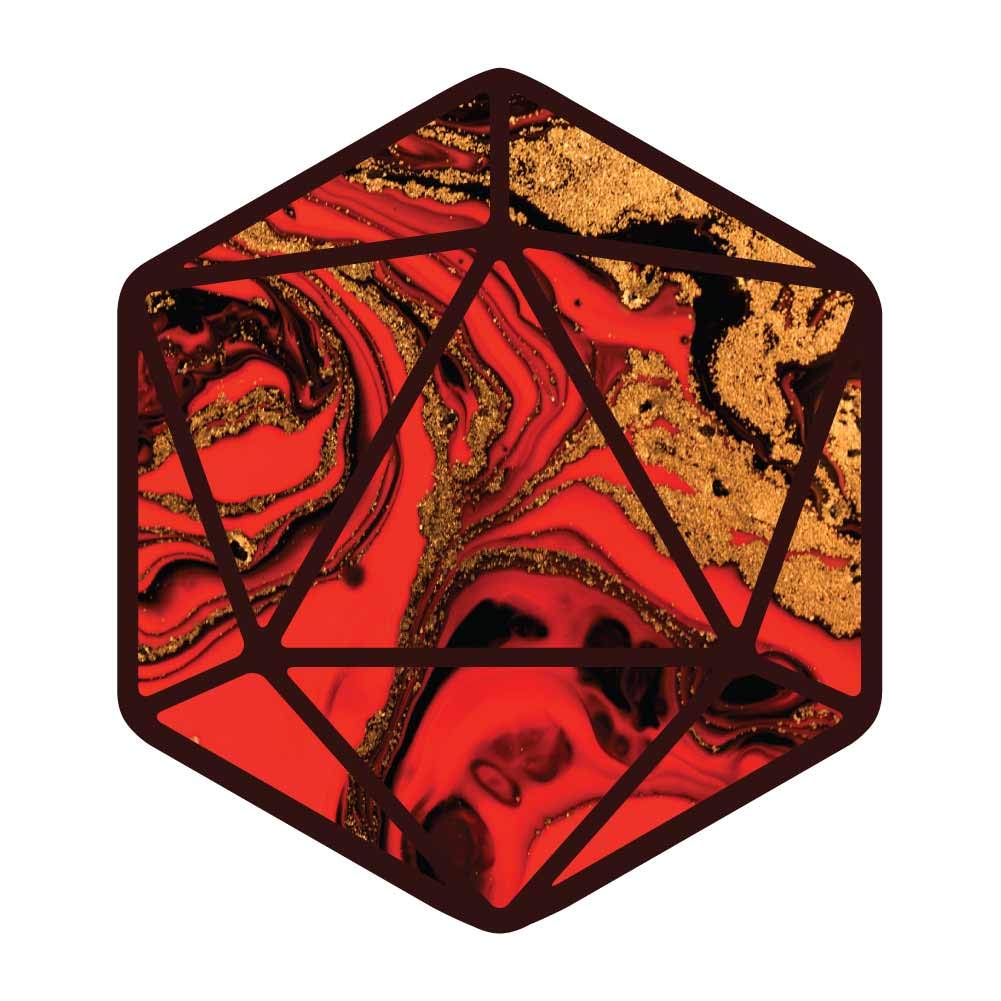 D20 Dice Silhouette Red, Black and Gold Swirl Paint Pour Vinyl Decal - 4 Inch Waterproof Sticker for Gaming Accessories, Car Windows, Laptop Decor, Wall Art & Outdoor Use | Perfect for Tabletop RPG Enthusiasts & Geek Home Decor