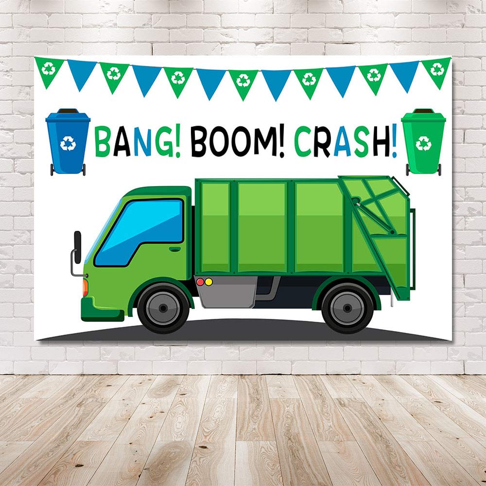 MEHOFOND Garbage Truck Birthday Party Backdrop - 7x5ft Blue & Green Photo Banner for Boys' Birthday Decorations, Cake Table Supplies & Photography Props | Perfect for Construction-Themed Parties & Kids' Celebrations