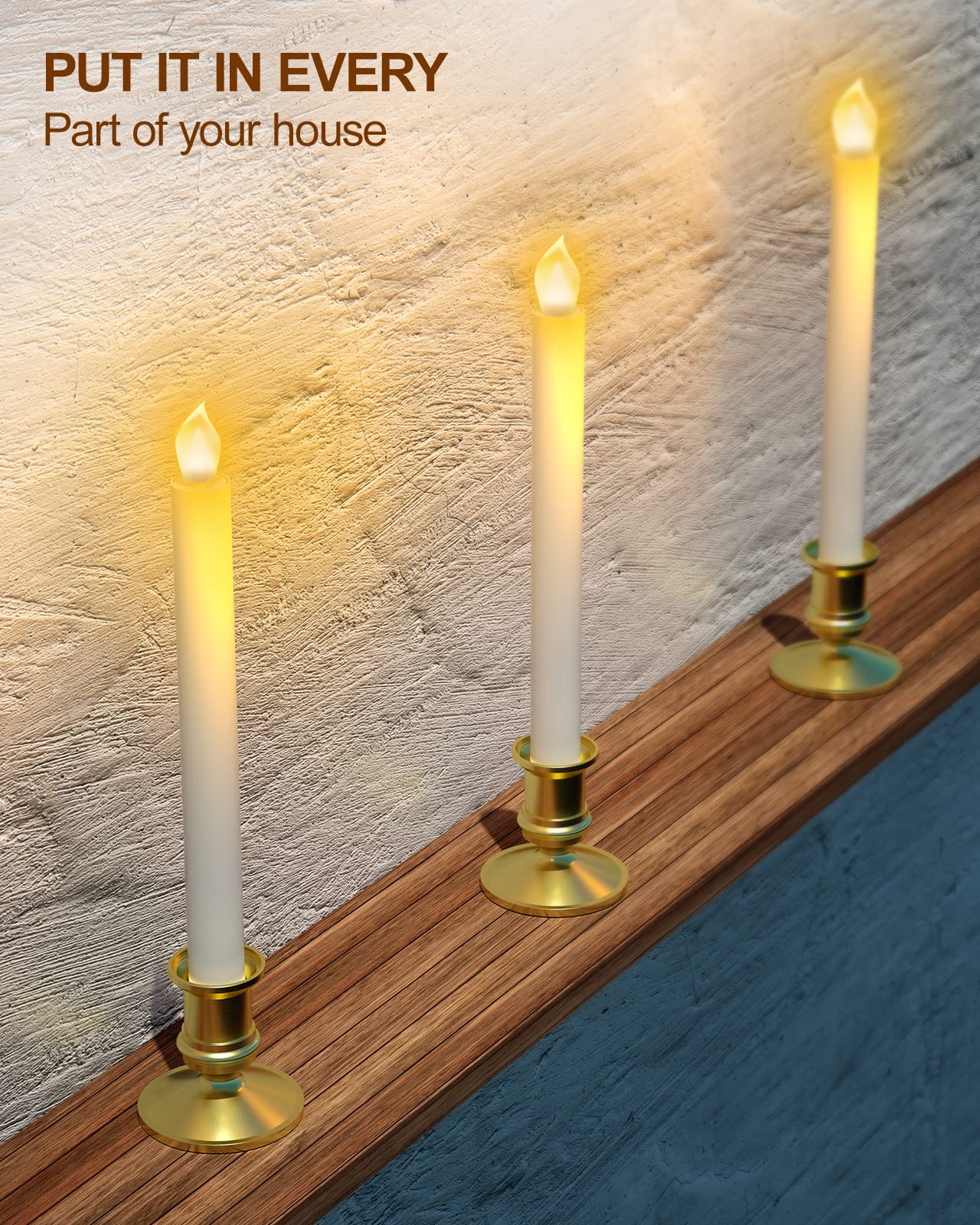 RONXS LED Window Candles with Timer - Battery Operated Flameless Flickering Candles for Christmas Decorations - Includes 2 Remote Controls & 12 Gold Candle Holders - Perfect for Holiday Home Decor, Winter Weddings, and Cozy Ambiance Lighting