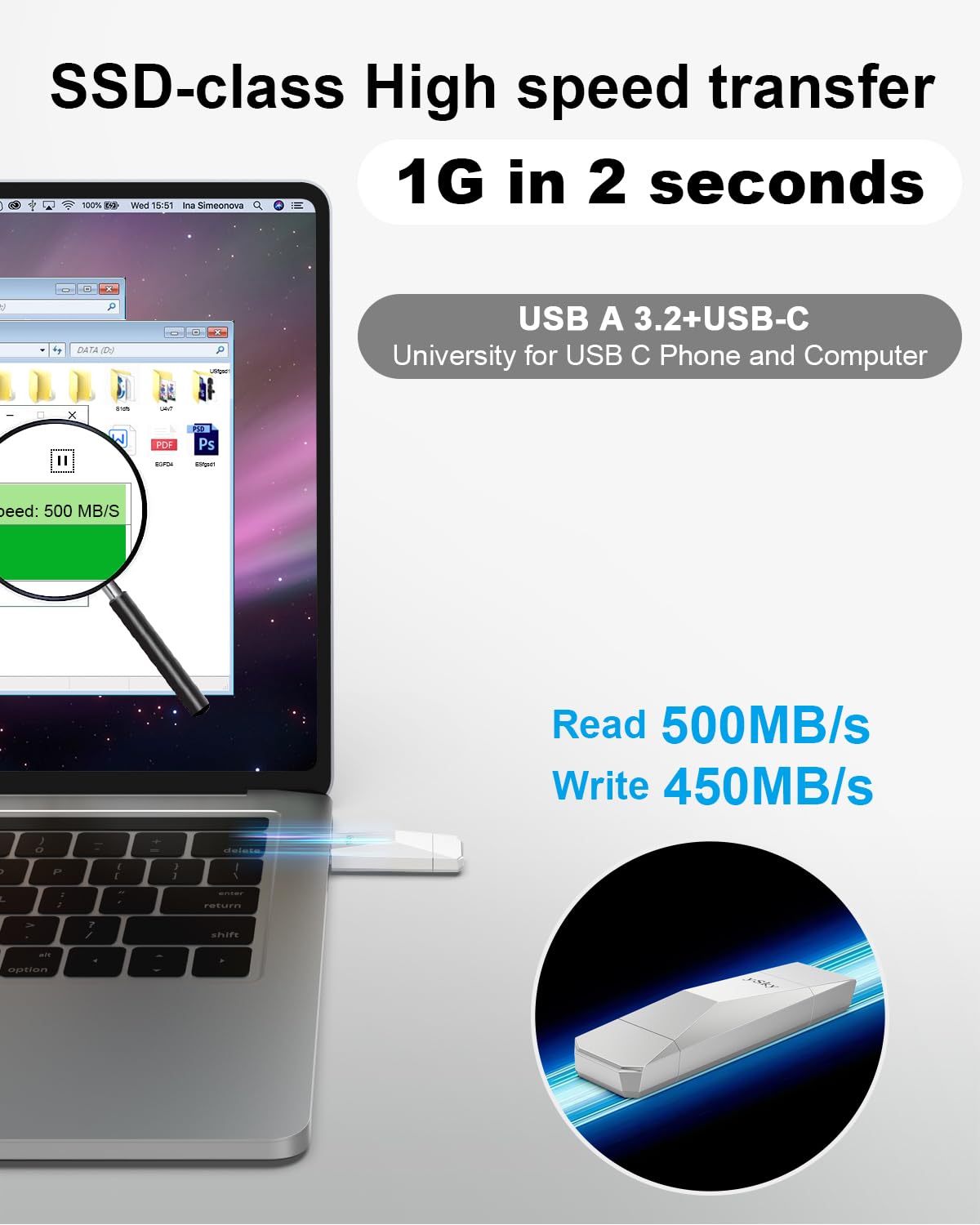 ySky 1TB USB 3.2 SSD External Solid State Flash Drive - 500MB/s High Speed USB C & USB A 3.2 Gen 2 Thumb Drive - 2-in-1 Dual Interface for iPad Pro, Android Phones, MacBook, Windows Laptops, Tablets - Portable Storage with Leather Keychain Case for Work, Travel & Data Backup