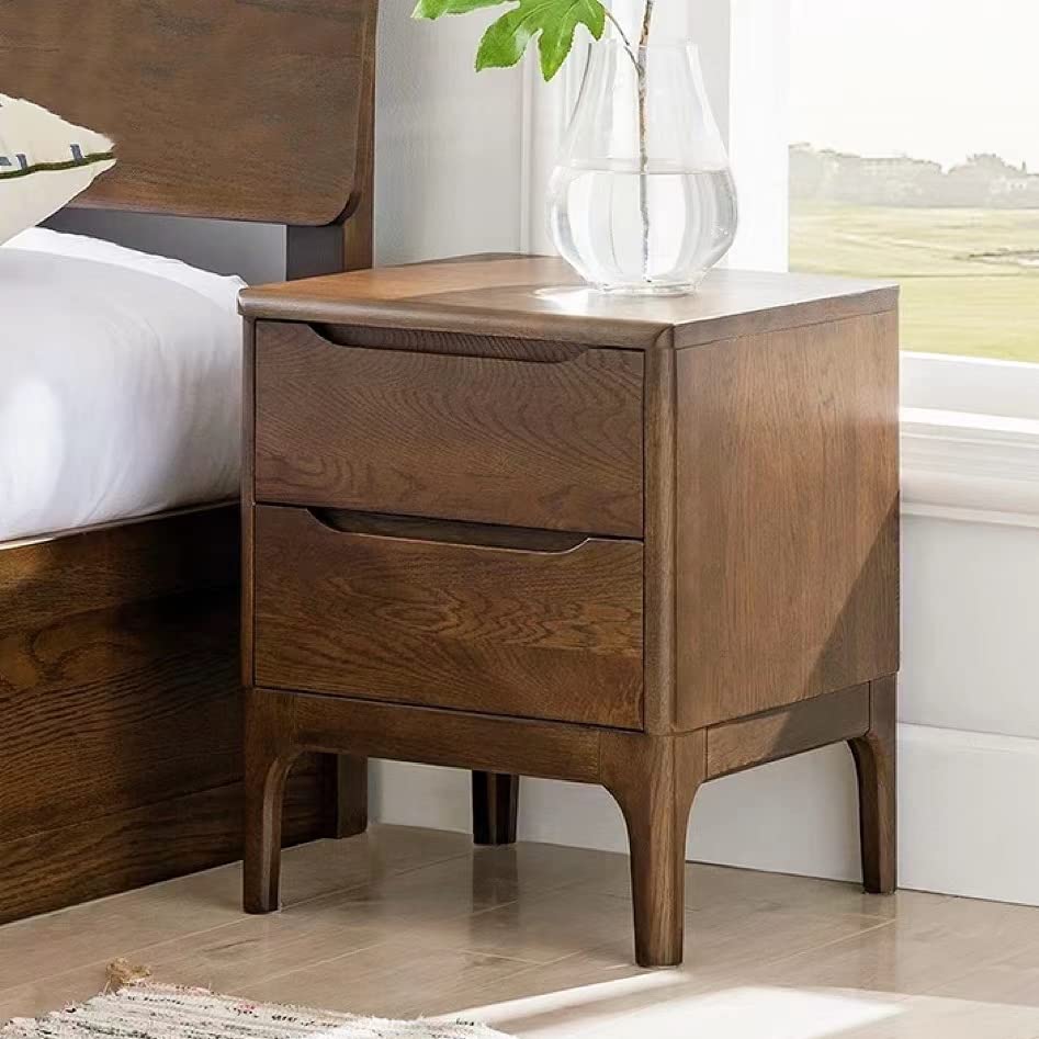 Solid Oak Bedside Table - Modern Walnut Nightstand with 2 Drawers, 16.5