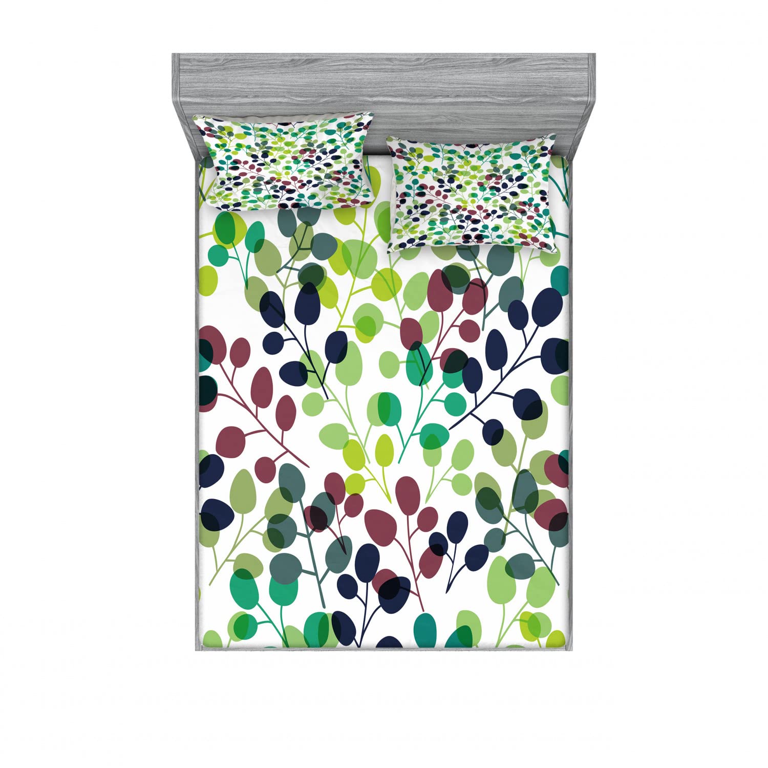 Ambesonne 2-Pack Queen Size Fitted Sheet Set with 4 Pillow Shams - Leaf Pattern Botanical Bedding in Dreamy Multicolor Tones - Soft Wrinkle-Resistant Sheets for Master Bedroom, Guest Room & Vacation Homes