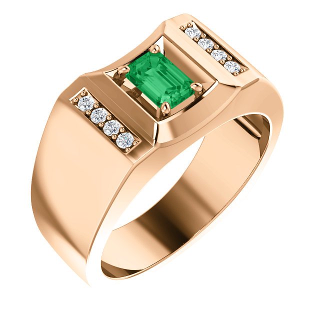 14KT Gold Men's Emerald and Diamond Accent Ring - 0.56ct Emerald & 0.12ctw Diamonds - Elegant Jewelry for Weddings, Anniversaries & Special Occasions