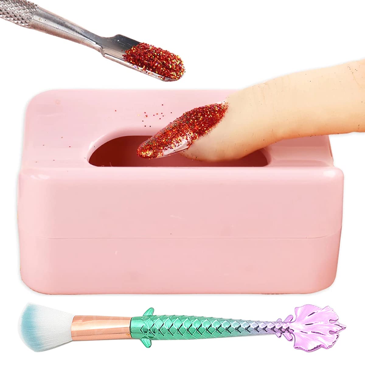 Vanchief 2-in-1 Nail Art Dip Powder Tray & Storage Box with Dust Remover & Powder Brush - Portable Nail Powder Recycling Container for Sequins & Glitter - Perfect for Salon & Home Manicure (Pink)