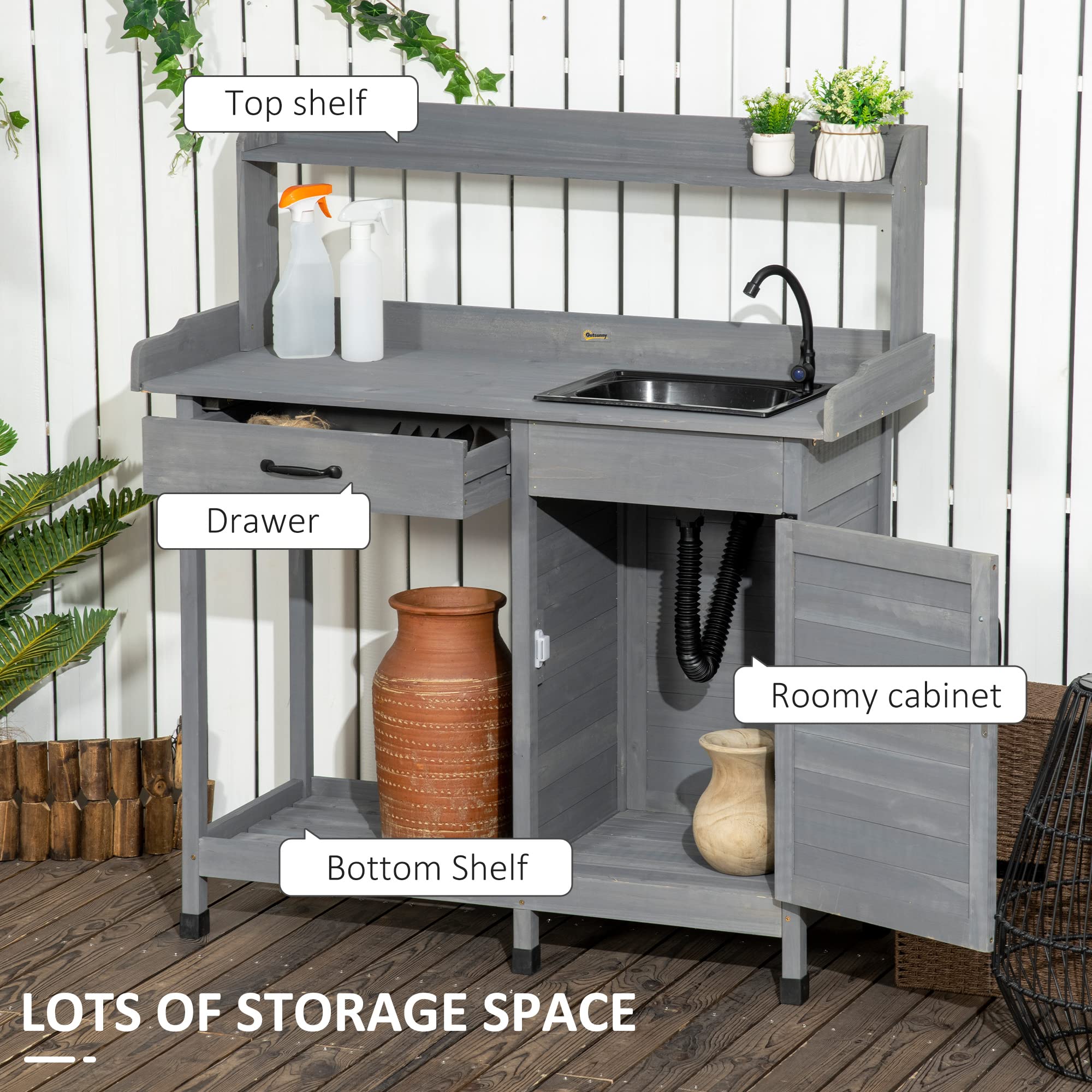 Outsunny Potting Bench with Sink & Storage | Heavy Duty Outdoor Work Table with Cabinet, Hooks, Removable Sink & Faucet | Perfect for Gardening, Greenhouse, Patio & Backyard Organizing | Gray