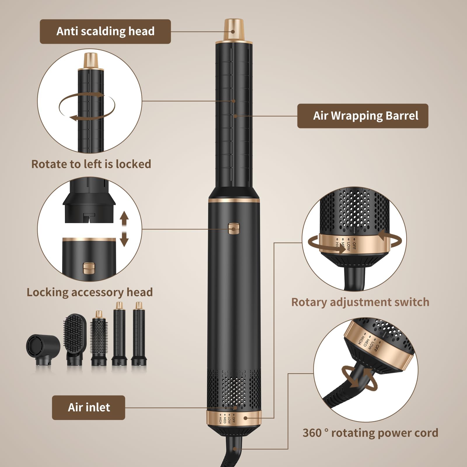 5 in 1 Blow Dryer Brush with Negative Ion Technology - Detachable Hair Dryer, Air Curler & Straightener for Drying, Curling & Styling - Perfect for Salon-Quality Hair at Home, Travel & Daily Styling