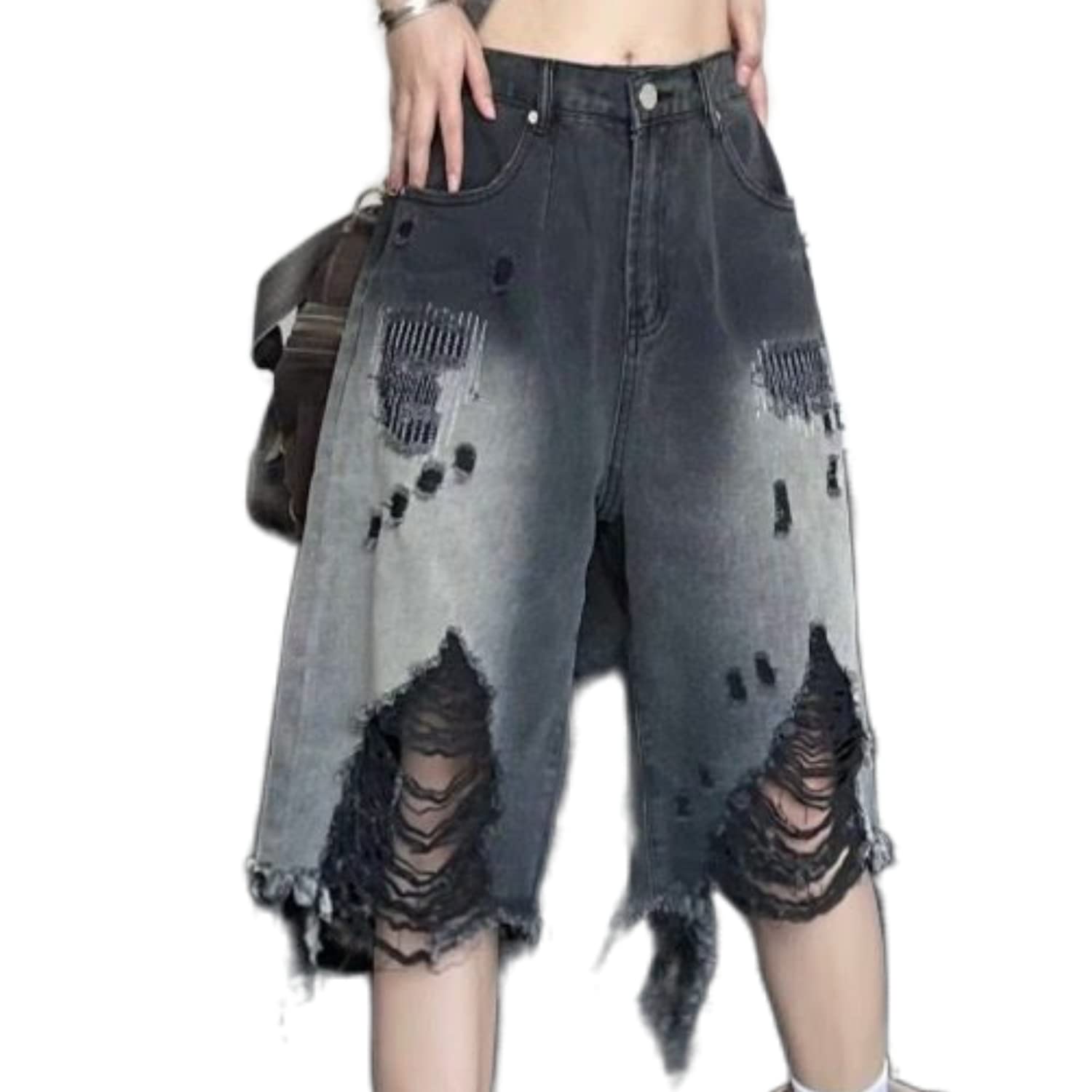 Women's Y2K Distressed Ripped Baggy Denim Shorts - Knee Length Wide Leg Bermuda Jean Shorts for Alt Emo Grunge Style | Perfect for Summer Outfits, Music Festivals & Streetwear Fashion