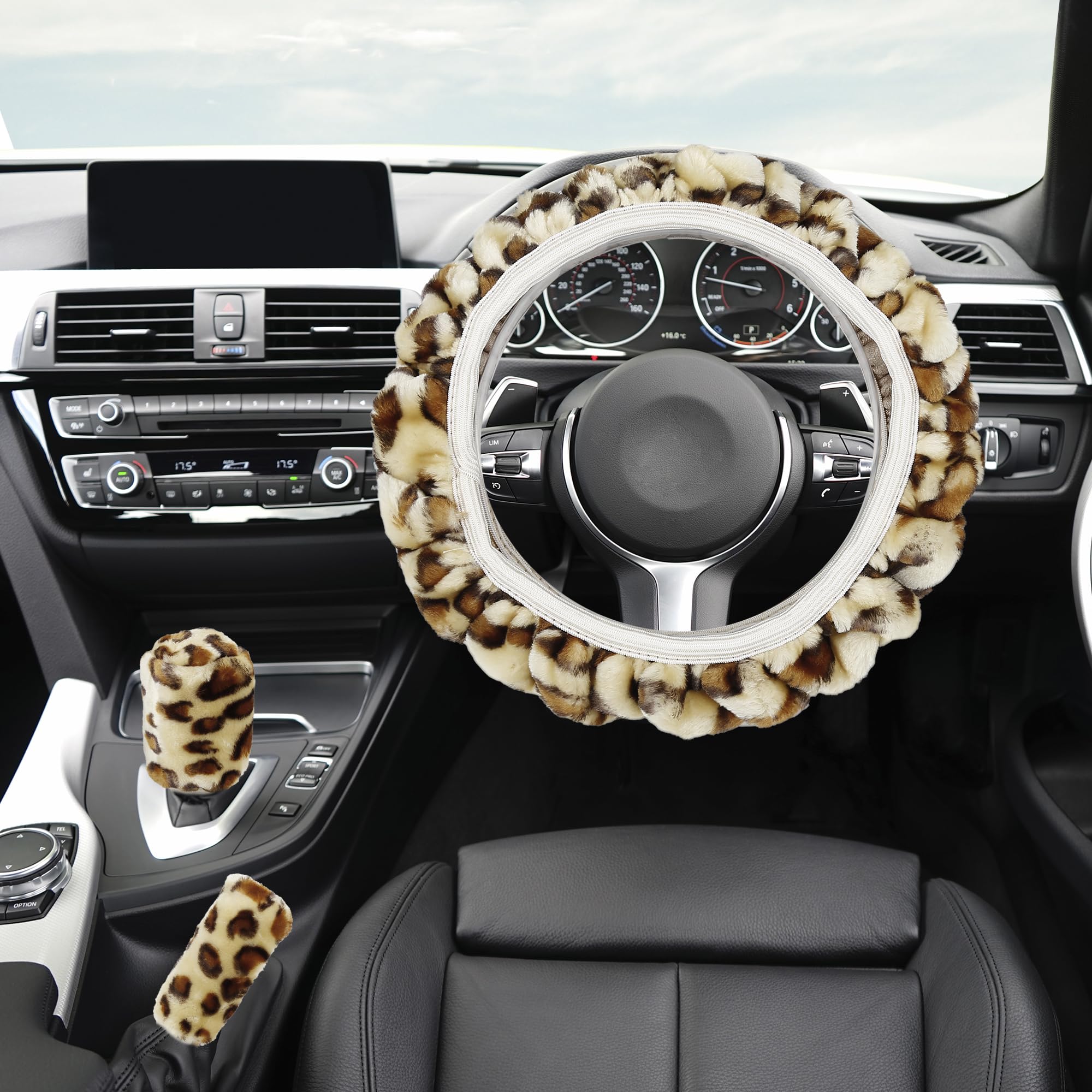 X AUTOHAUX Universal Elastic Leopard Print Fluffy Steering Wheel Cover & Handbrake Gear Shift Cover Set - Beige | Non-Slip Grip, All-Season Comfort for Cars, SUVs & Trucks
