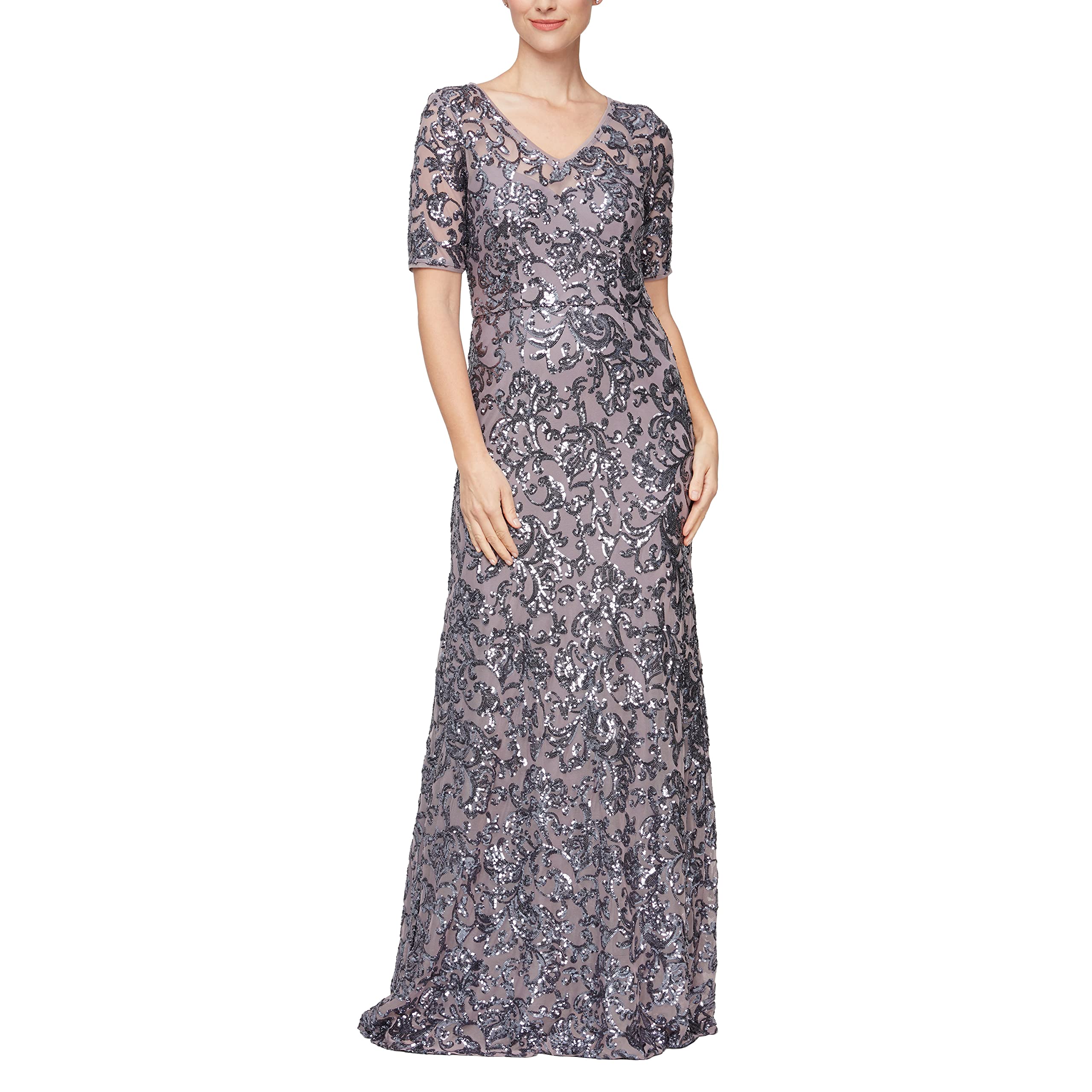 Alex Evenings Women's Long A-Line Sequin Lace V-Neck Formal Dress - Mother of The Bride Gown with Short Sleeves | Wedding Guest, Cocktail Party, Evening Gala, Prom Night Special Occasion Outfit