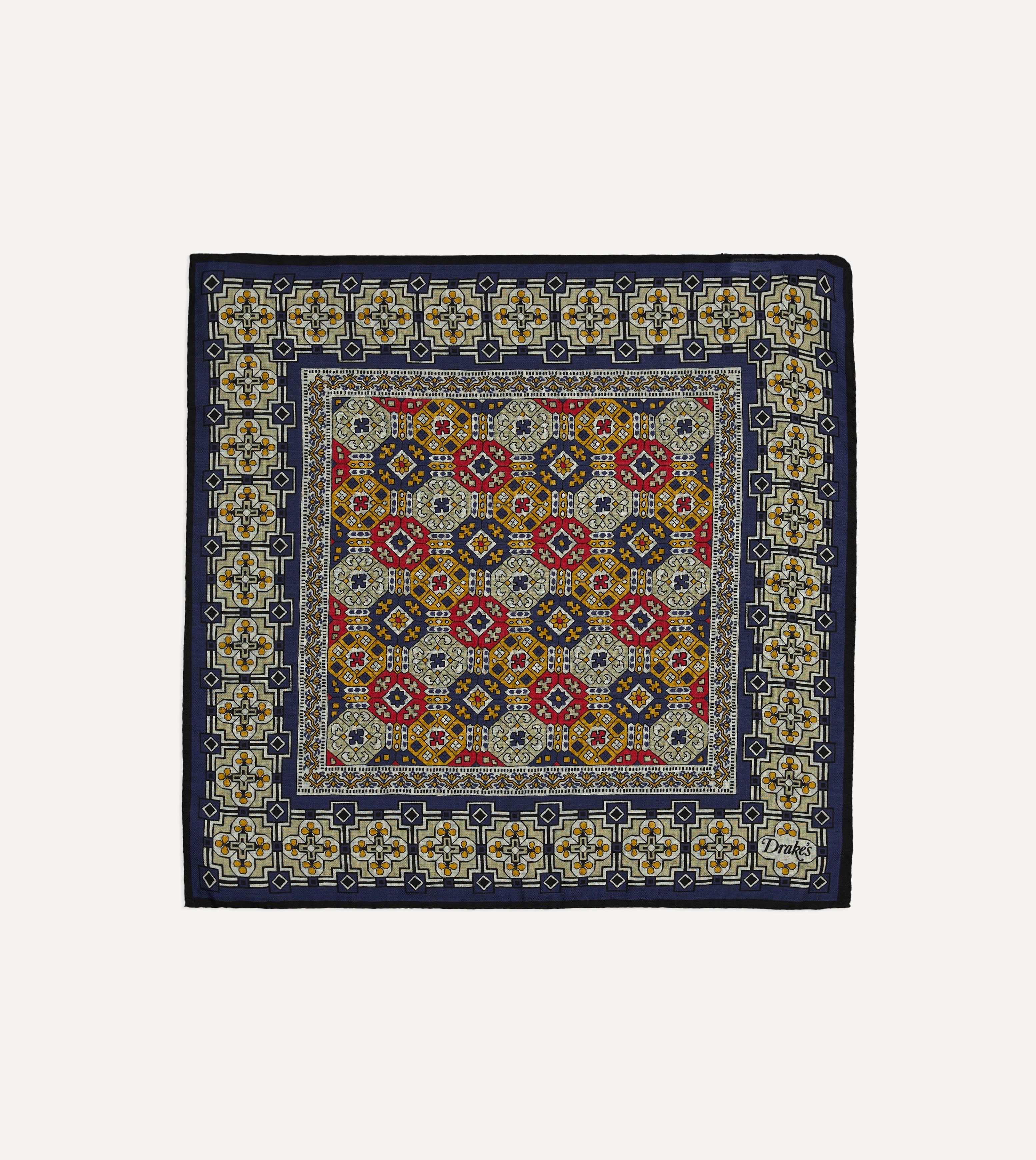 Navy Blue Geometric Pattern Wool Silk Pocket Square for Men - Elegant Handkerchief for Weddings, Suits & Formal Events