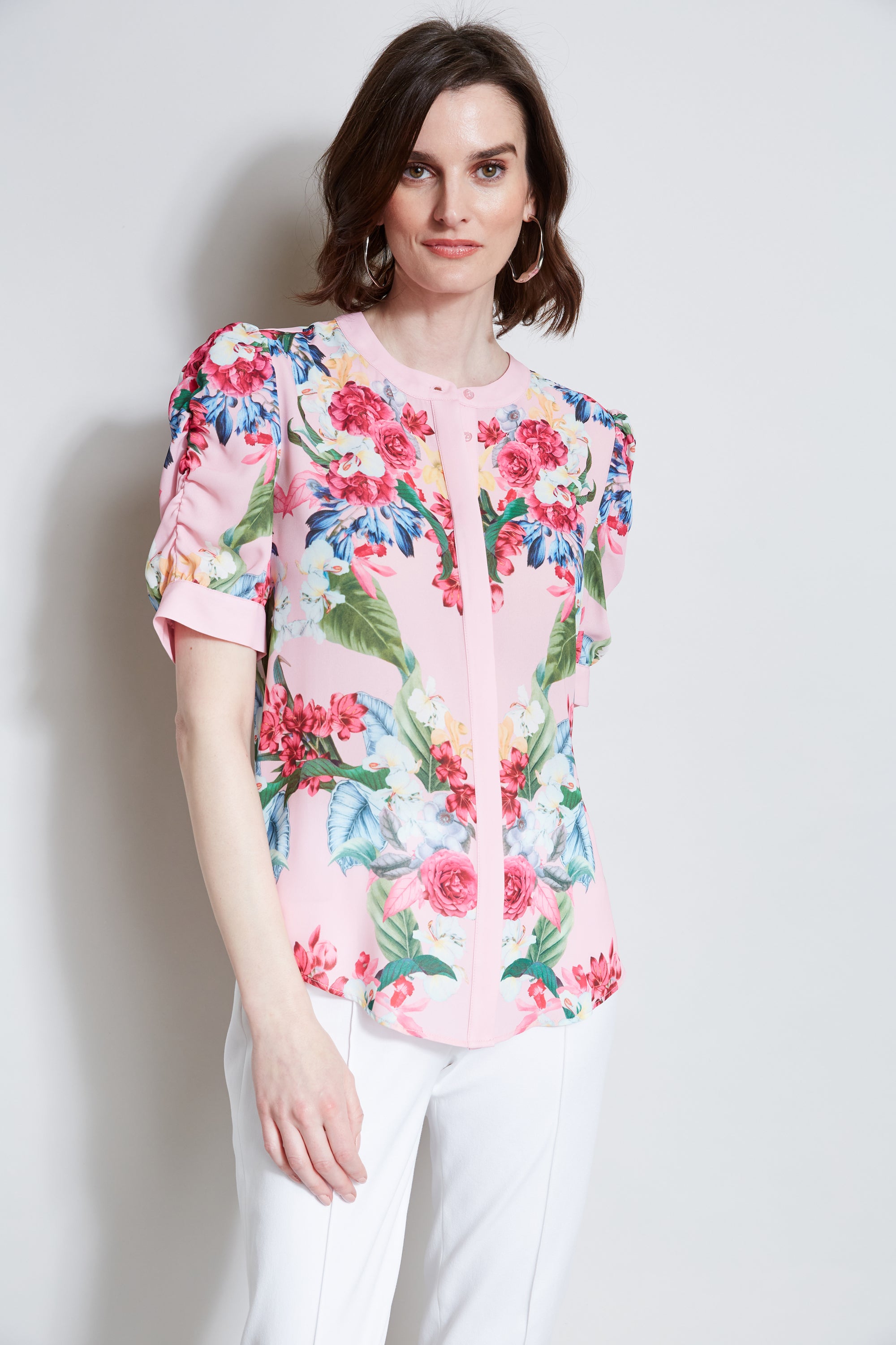 Tahari Rose Print Puff Shoulder Blouse - Women's Floral Embroidered Elegant Top for Work, Party & Date Night