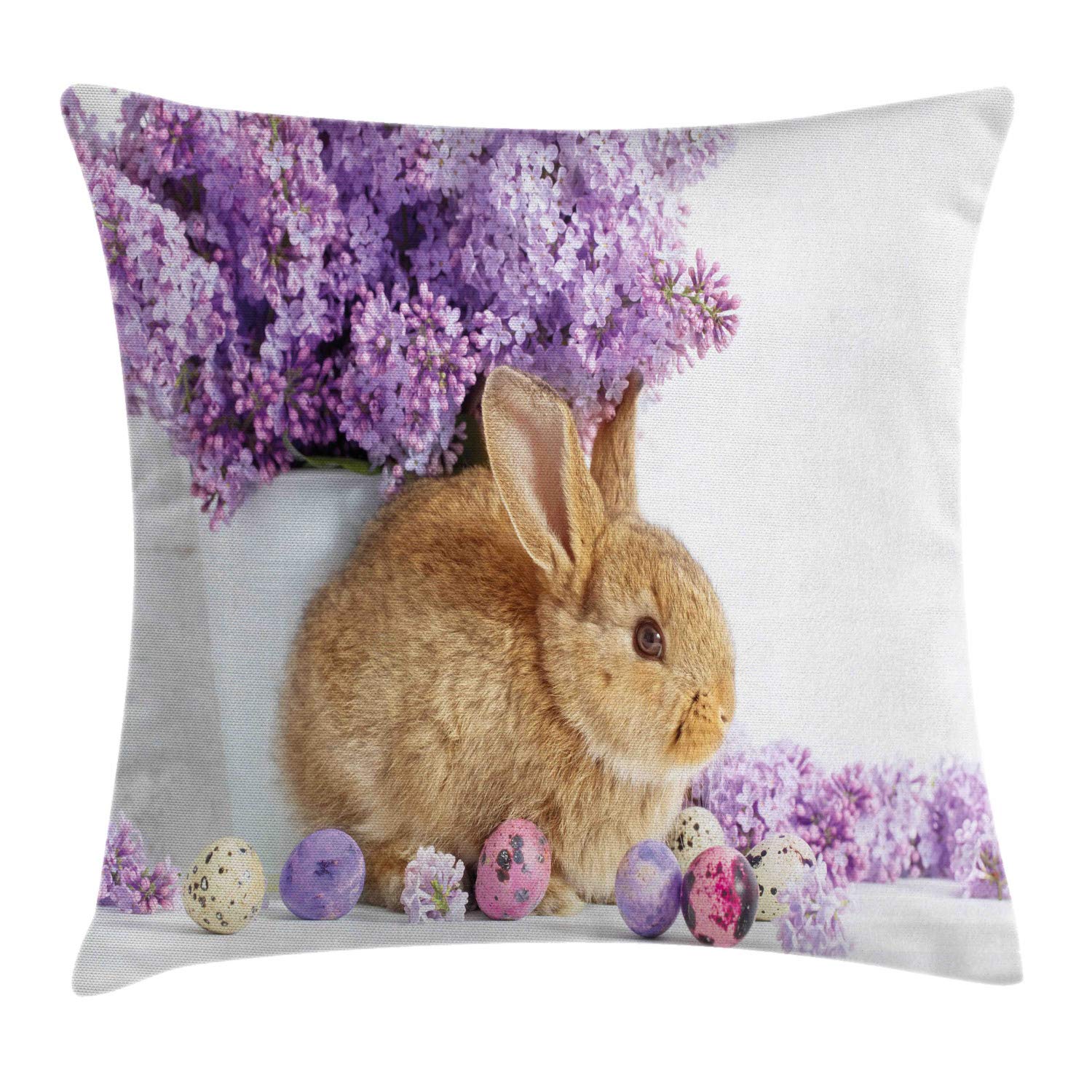 Ambesonne Easter Bunny Throw Pillow Cover - 24x24 Inch Decorative Square Cushion Case with Rabbit, Lilac Flowers & Easter Eggs Design - Perfect for Spring Home Decor, Living Room, Bedroom & Easter Gifts