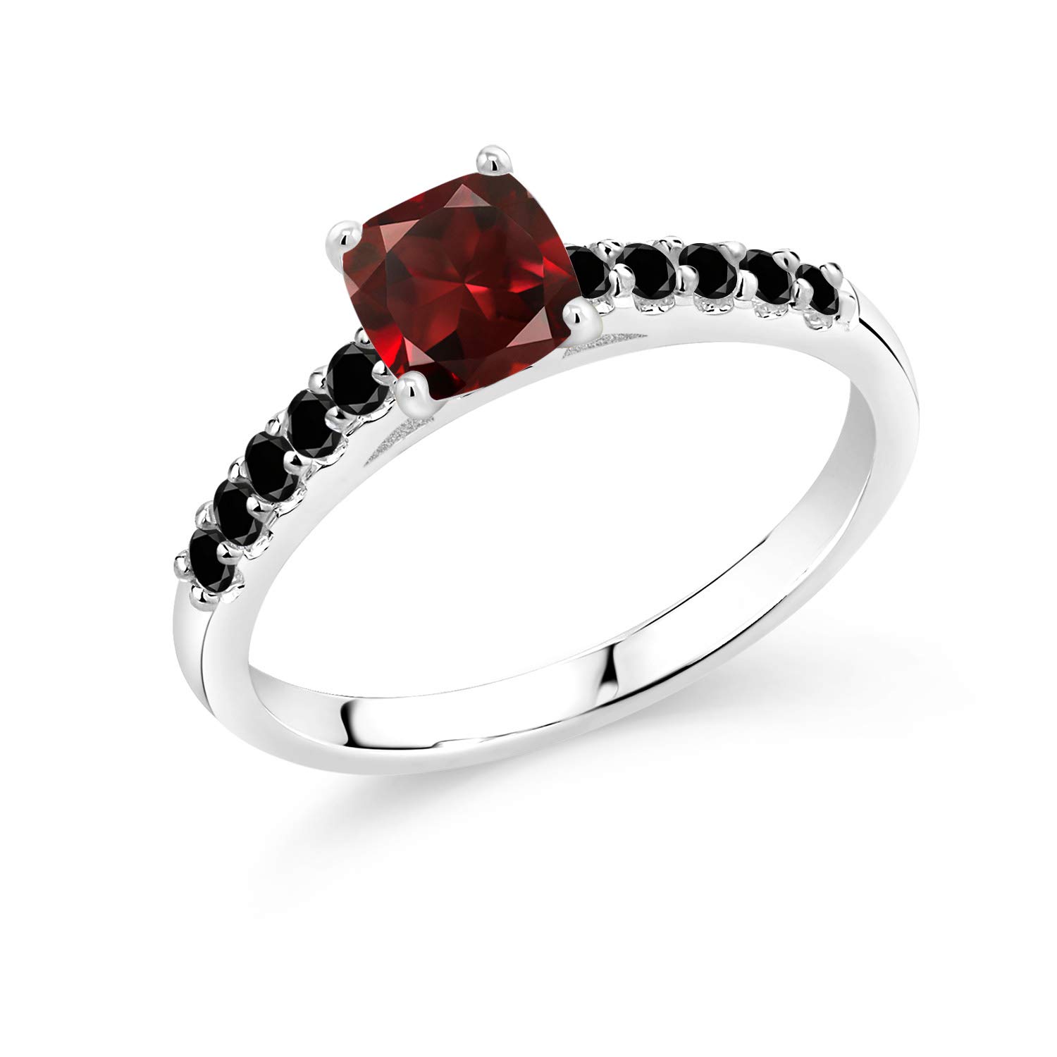 1.13 Ct Cushion Cut Red Garnet and Black Diamond Ring in 10K White Gold | Gem Stone King | Elegant Jewelry for Women, Perfect for Engagement, Anniversary & Special Occasions
