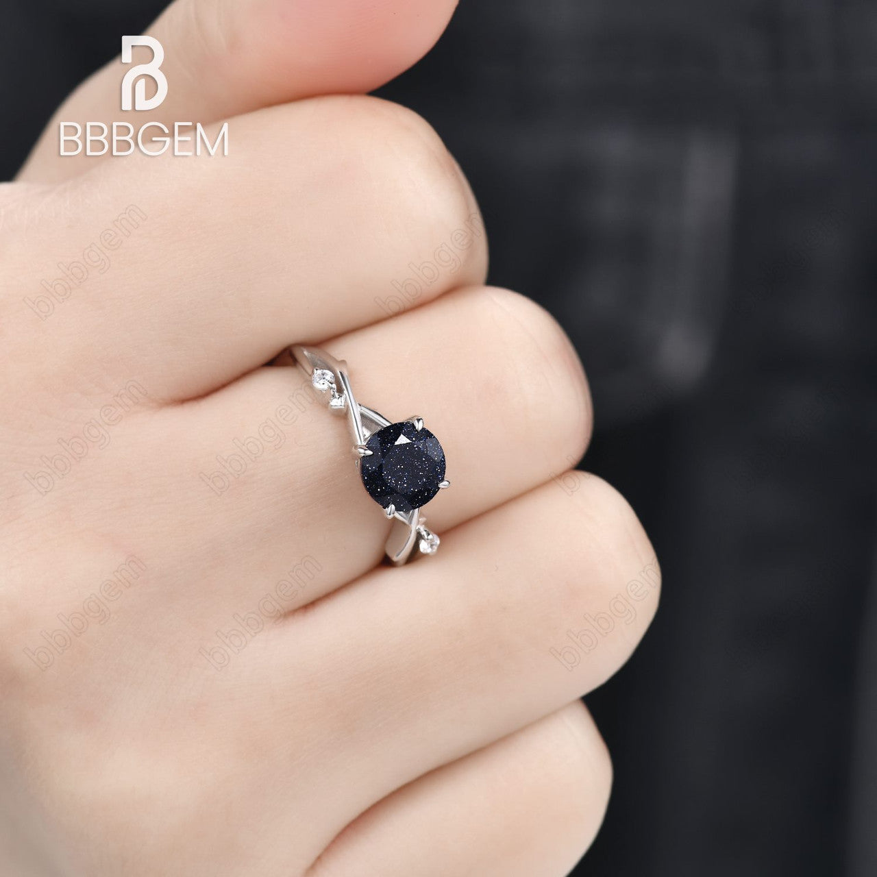 925 Sterling Silver Round Natural Blue Sandstone Ring - White Gold Plated Petite Twisted Willow Galaxy Engagement Ring for Women | Wedding, Anniversary, Gift, Boho Jewelry