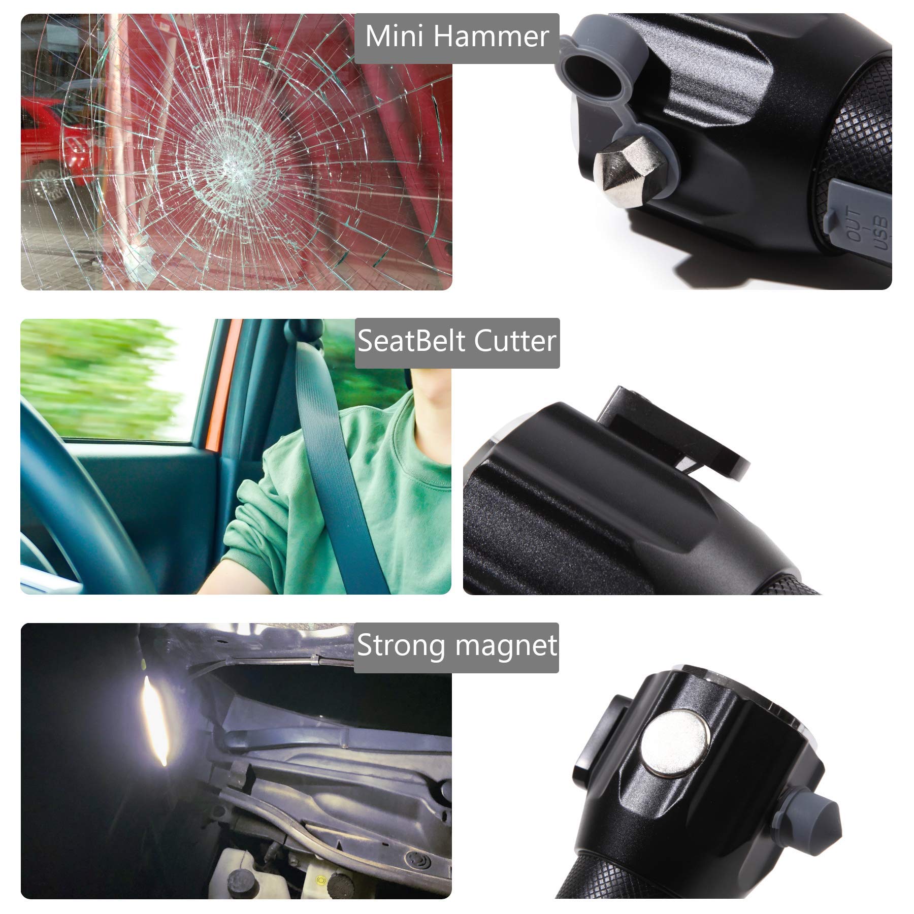 Emergency Car Flashlight with LED Light, Window Breaker & Seatbelt Cutter - USB Charging Port, Arc Lighter & Hand Crank - Perfect for Roadside Emergencies, Camping, Home Safety & Power Outages (Includes Alarm & Compass)