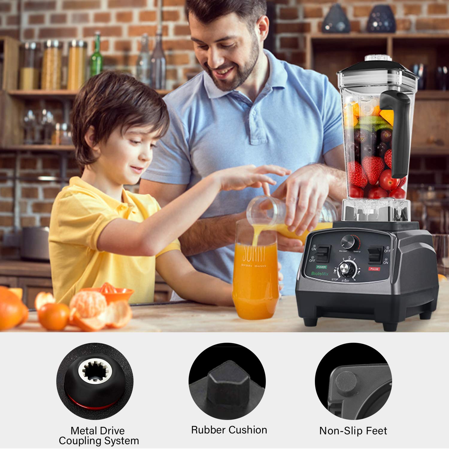 BioloMix 2200W Professional Countertop Blender - High Power Commercial & Home Blender with Timer for Smoothies, Ice Crushing, Frozen Fruits, Soup Making - Perfect for Kitchens, Restaurants & Smoothie Bars