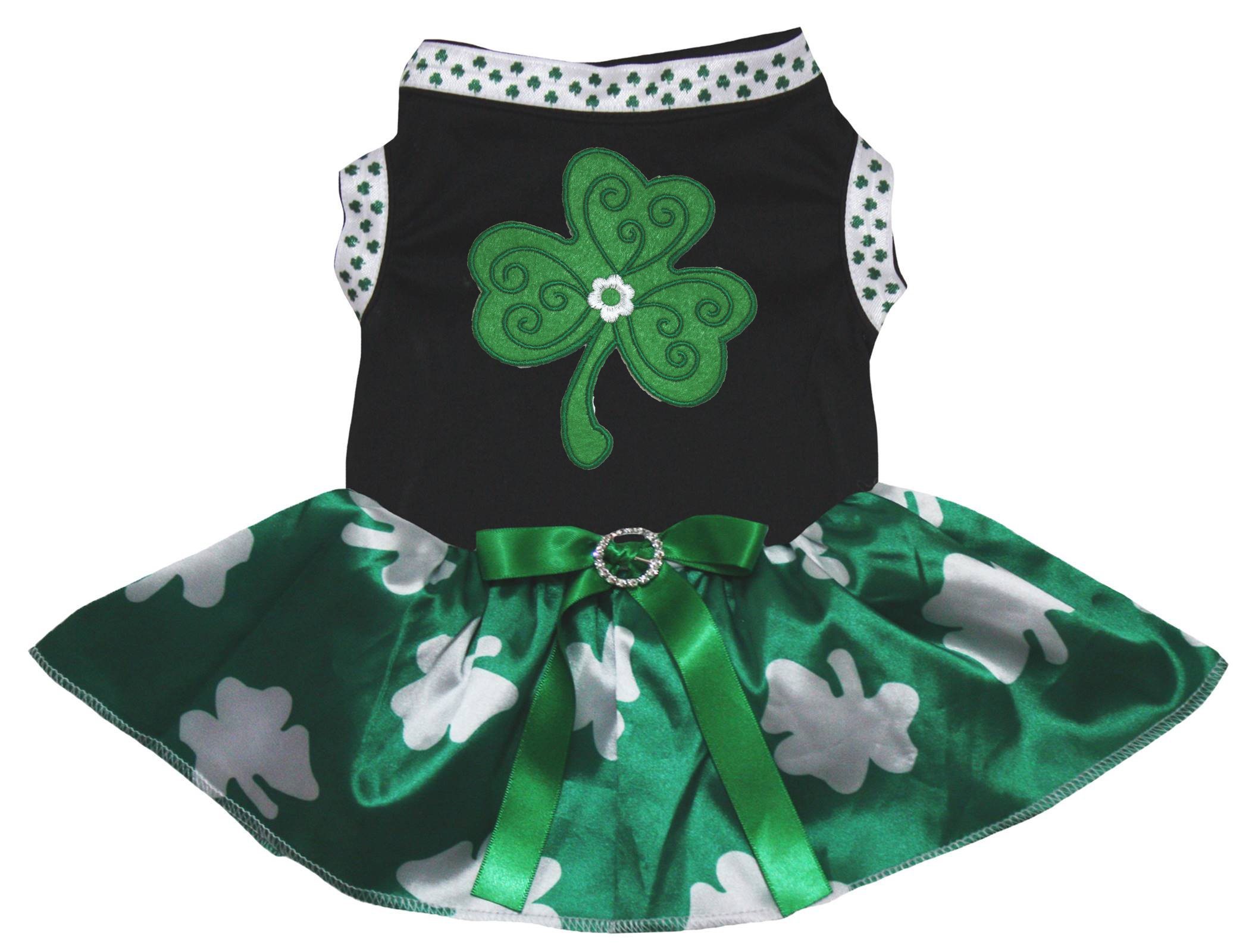 Petitebella Green Clover Puppy Dog Dress - X-Small Black & Green Clovers | Cute St. Patrick's Day Outfit for Small Dogs