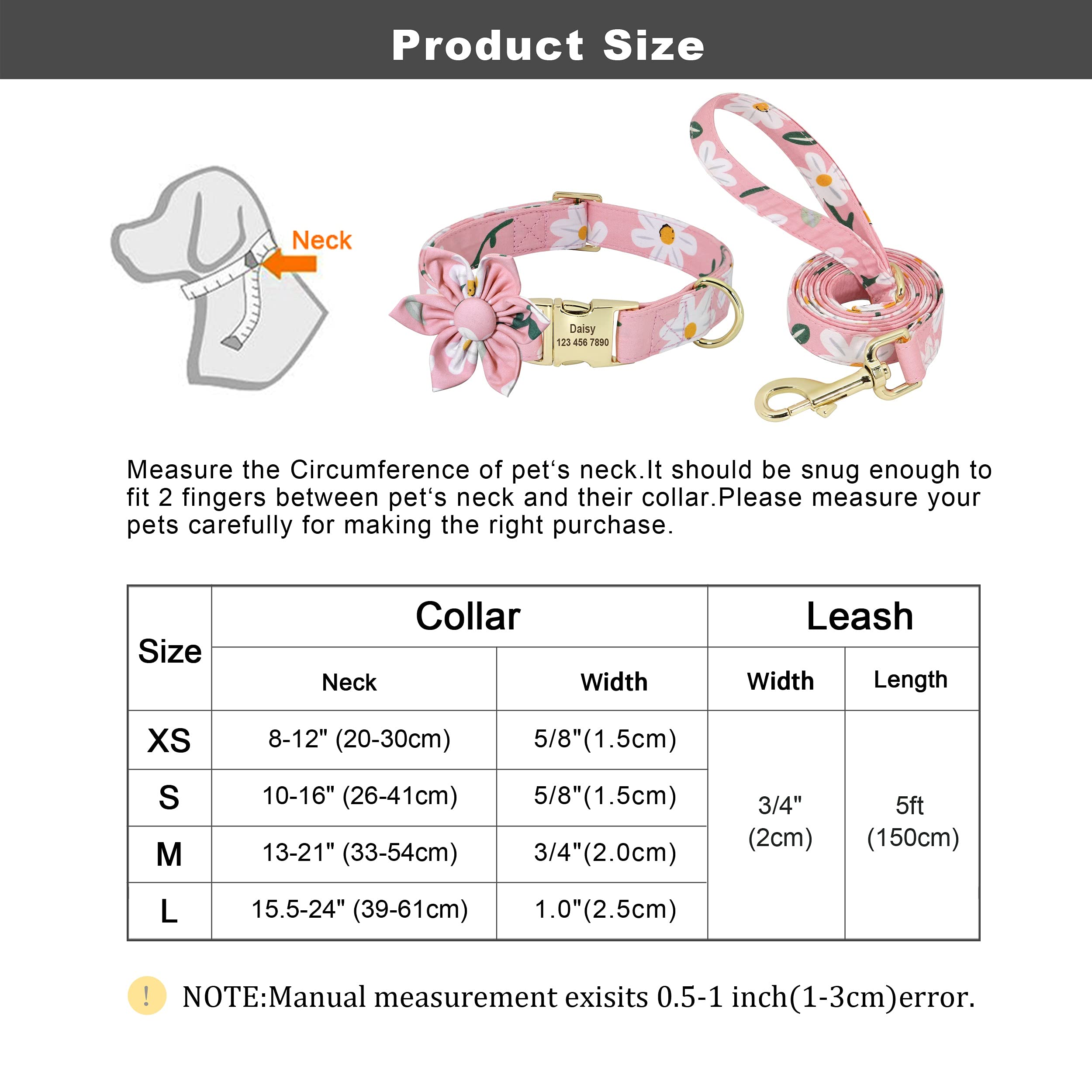 Beirui Custom Floral Dog Collar and Leash Set for Small Female Dogs - Personalized Engraved Daisy Pattern Pet Collar with Gold Buckle (Medium) | Perfect for Weddings, Photo Shoots & Special Occasions
