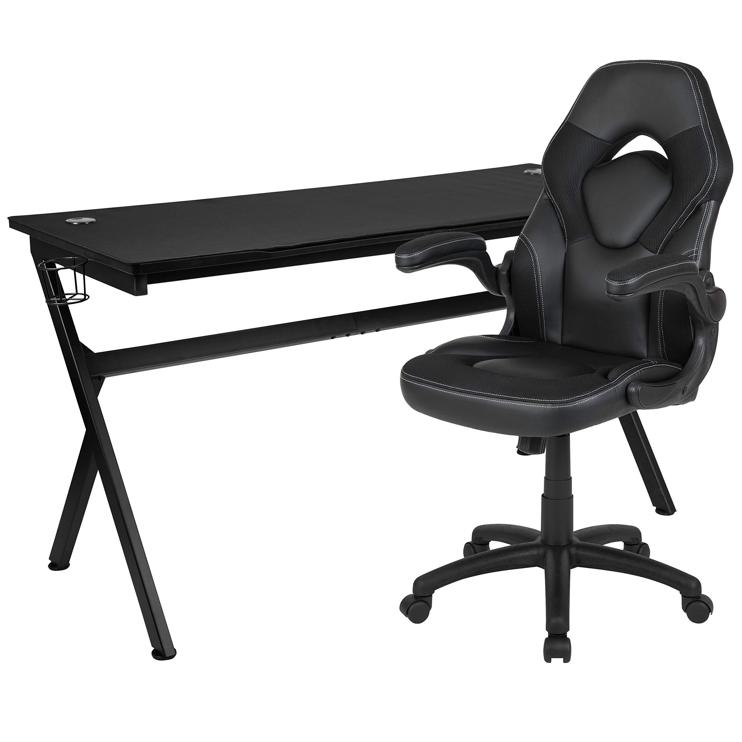 Premium Gaming Desk & Black Racing Chair Set with Cup Holder, Headphone Hook & Removable Mouse Pad - 2 Cable Management Holes for PC & Console Gamers - Perfect for Esports, Streaming & Home Office Setup