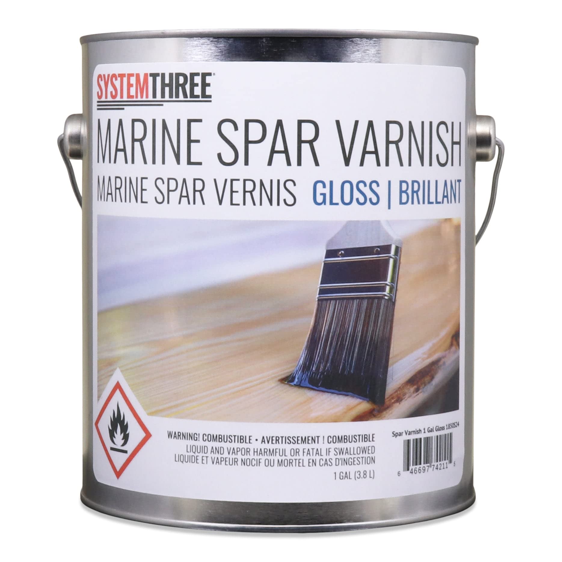 System Three Marine Spar Varnish - High Gloss Wood Finish for Boats & Outdoor Furniture (1 Gallon Can) - Perfect for Yacht Deck Protection & Exterior Wood Preservation