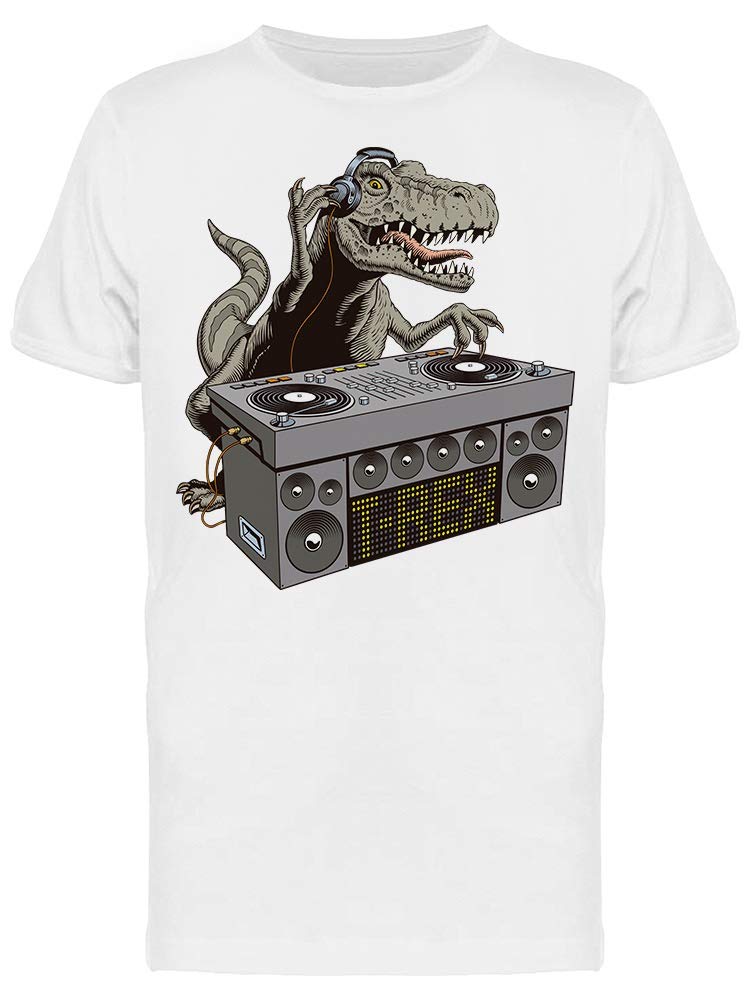Smartprints Dinosaur Turntable Graphic T-Shirt for Men - White Cotton Tee with Retro Dino Design - Perfect for Casual Wear, Street Style & Gifts