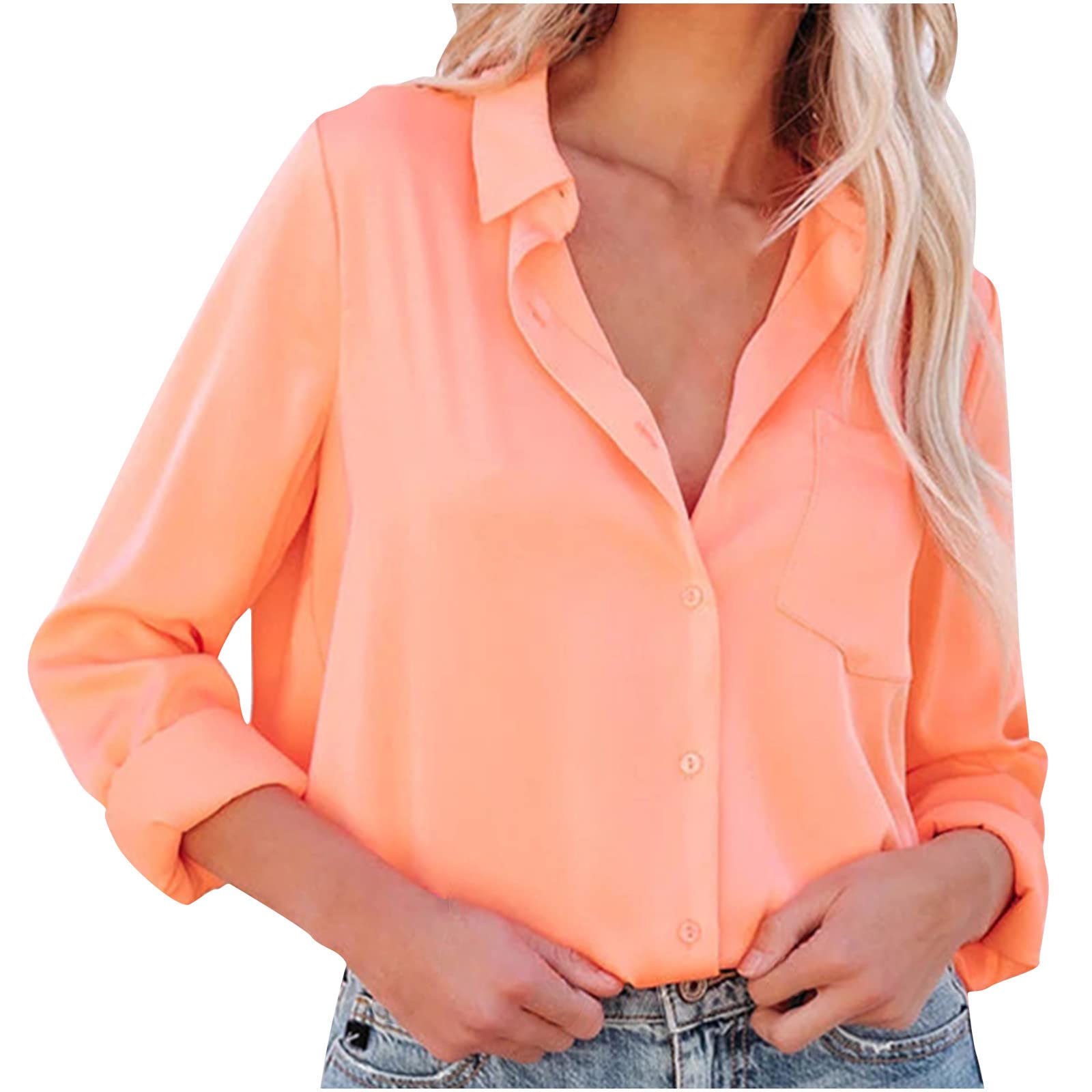 Women's Button Down V-Neck Long Sleeve Blouse with Pocket - Professional Work Tops & Dressy Business Shirts - Loose Fit Fall Tops for Office, Meetings & Casual Outings