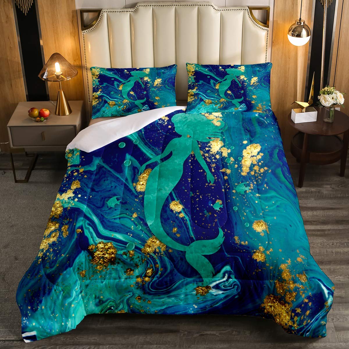 Erosebridal Chic Marble Comforter Set Twin Size - Turquoise & Gold Glitter Mermaid Bedding for Kids, Boys, Girls & Teens - Stone Grain Quilted Duvet with Pillow Case - Perfect for Bedroom Decor & Gift Giving