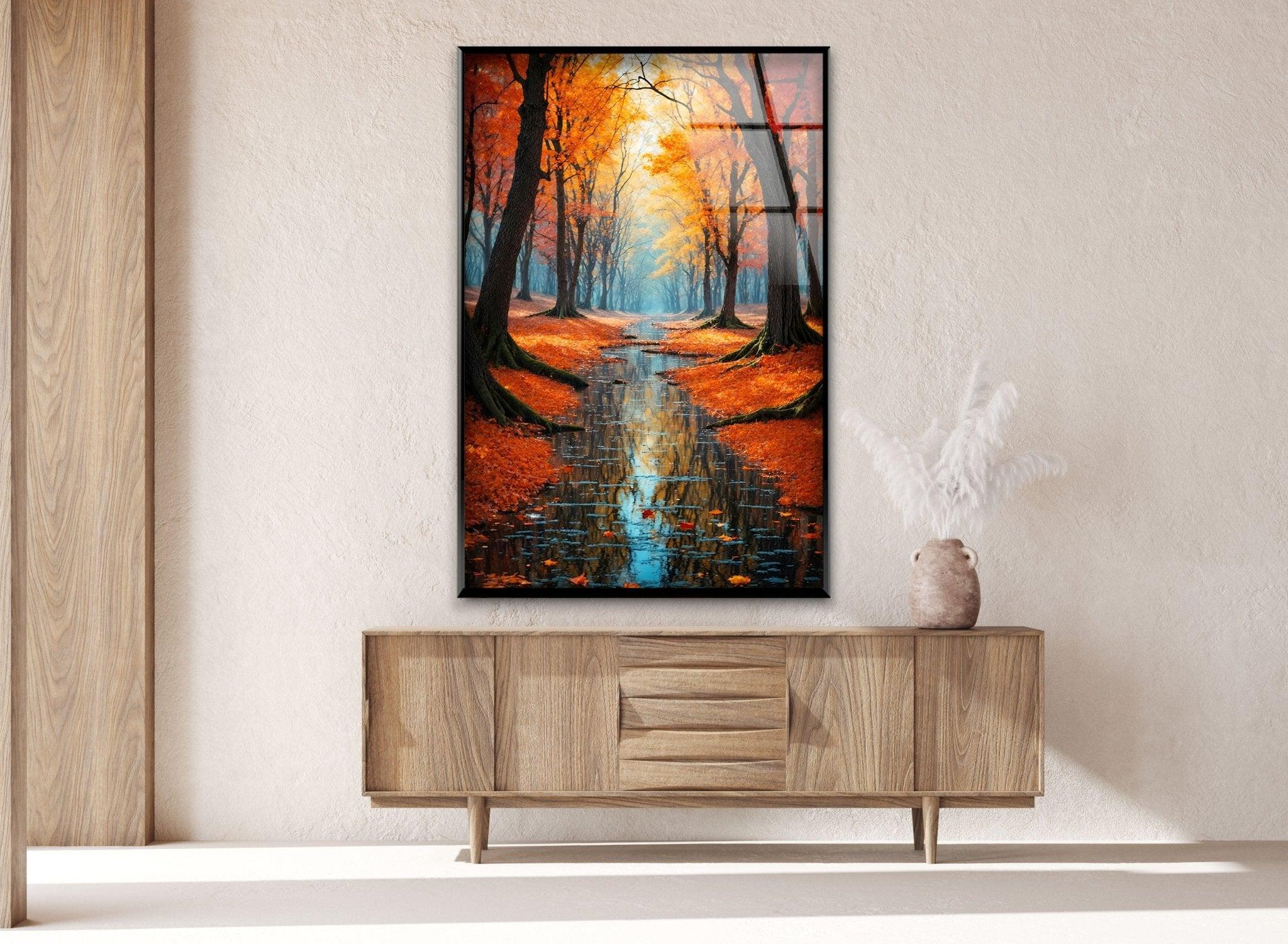 Stunning Fall Forest Art Print on Glass - Autumn Pathway Reflections Wall Decor for Living Room, Bedroom & Office