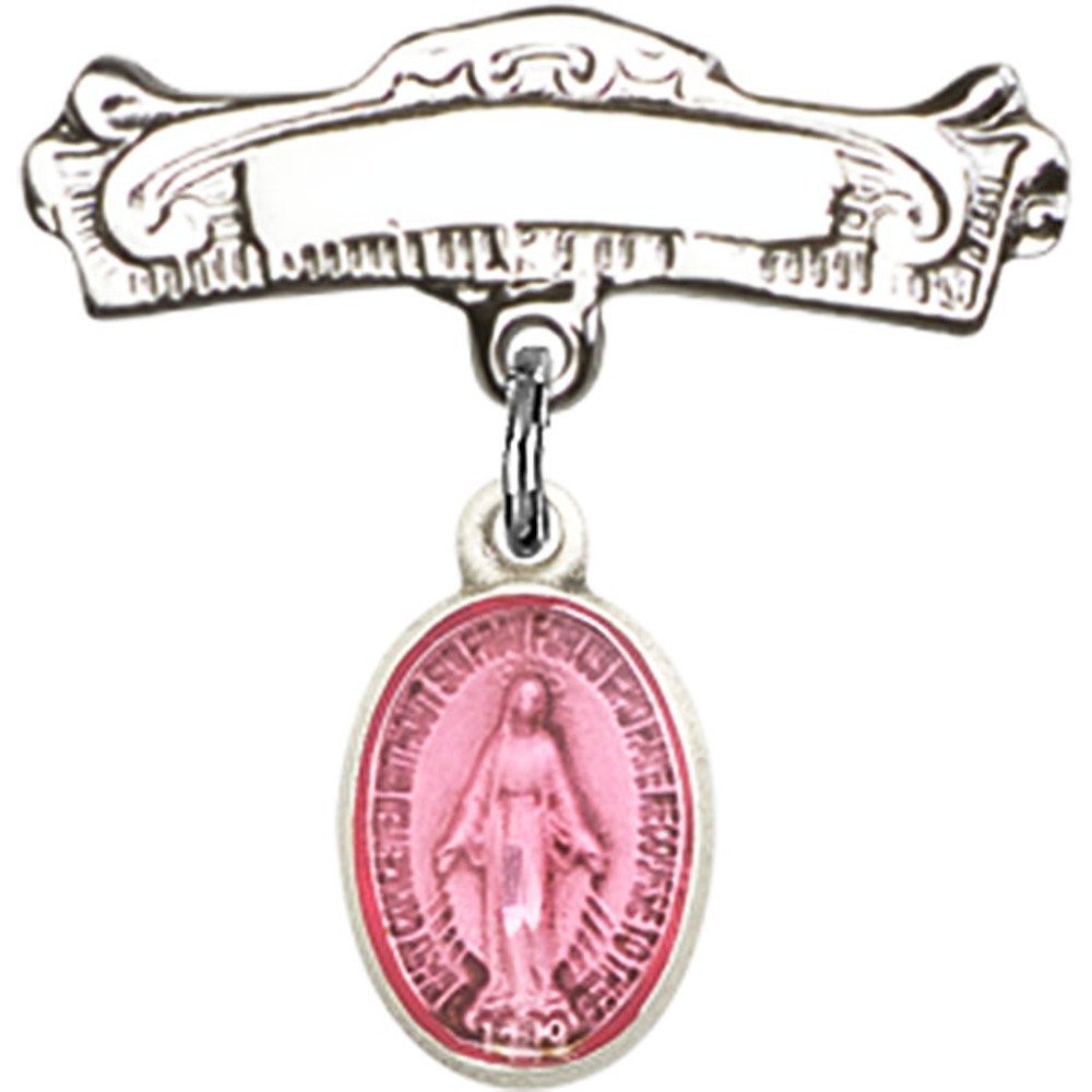 Sterling Silver Baby Badge with Pink Miraculous Charm - 7/8 X 7/8 Inches Arched Polished Pin - Perfect for Christening, Baptism, First Communion & Baby Shower Gifts
