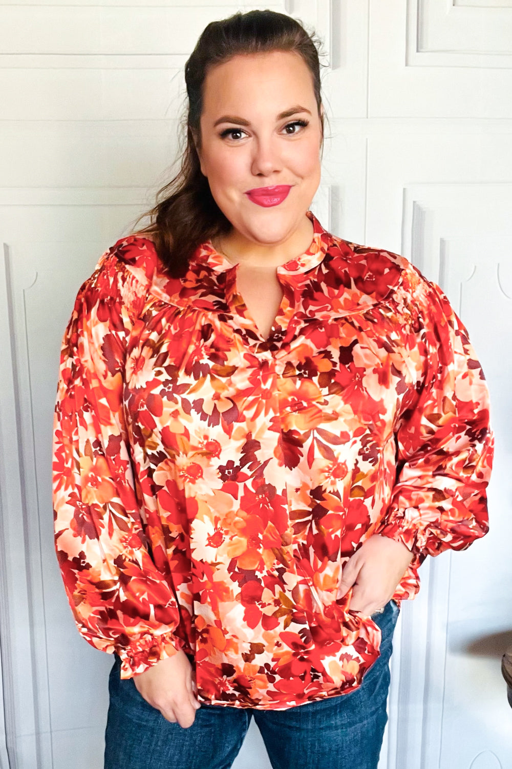Fall Vibes Rust Floral Print Notched Neck Smocked Satin Blouse - Elegant Women's Tops for Autumn Outfits, Date Nights & Office Wear