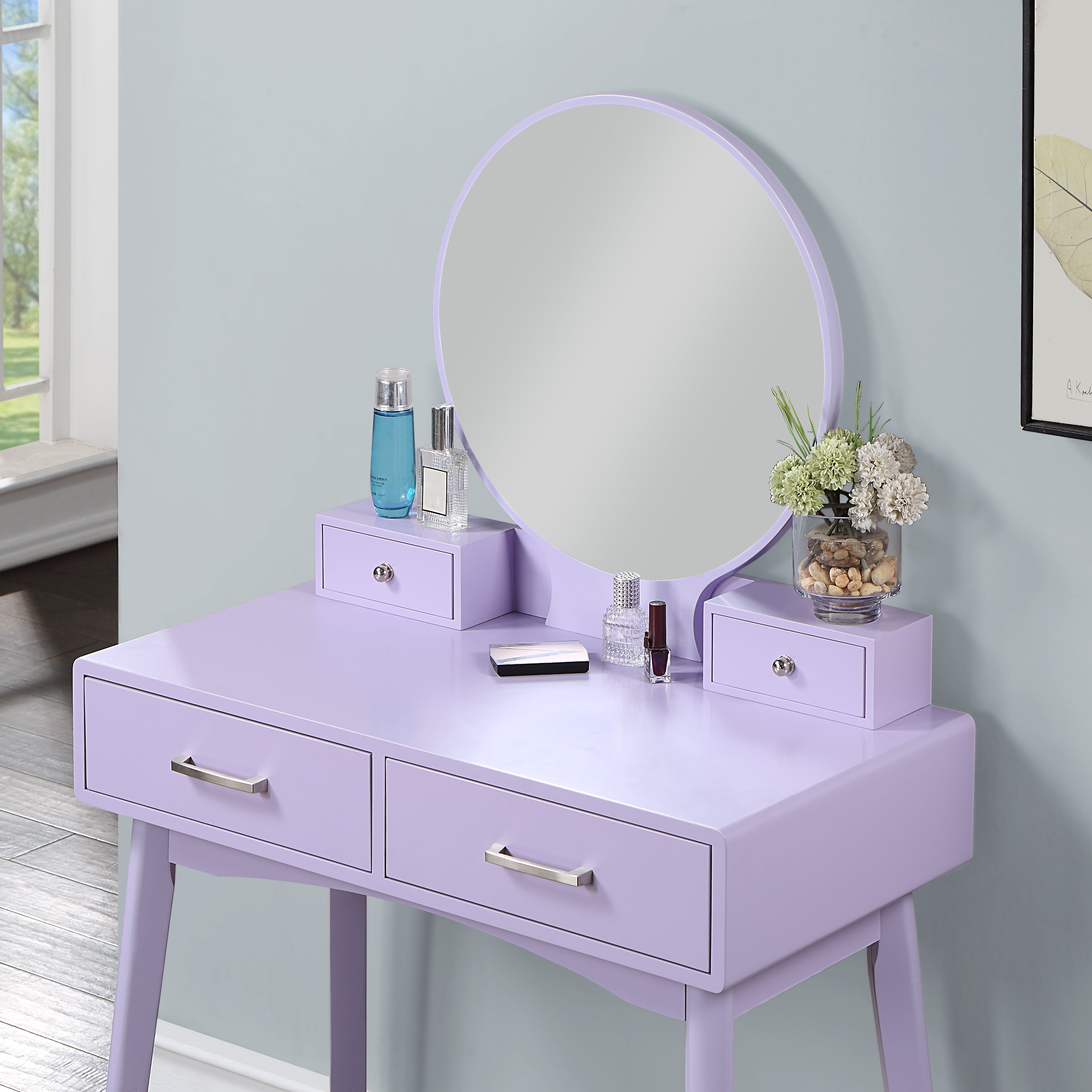 Roundhill Furniture Liannon Contemporary Wood Vanity and Stool Set with Mirror, Purple - Perfect for Bedroom Makeup Dressing Table and Bathroom Vanity Organizer