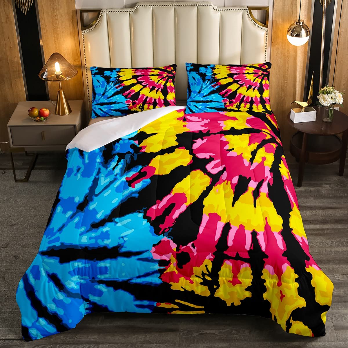 Rainbow Tie Dye Comforter Set - Hippie Psychedelic Bedding Collection | Soft Microfiber Quilted Duvet Cover with Pillowcase | Twin Size Down Alternative Comforter for Men & Women | Perfect for Bohemian Bedroom Decor, Dorm Room Essentials & Festival Camping Gear