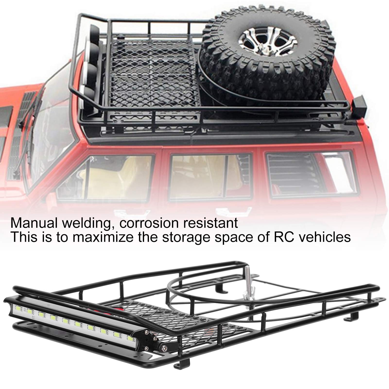 Alomejor Large RC Car Roof Rack with LED Lights - Heavy Duty Crawler Car Luggage Carrier for Off-Road Adventures & Camping Trips