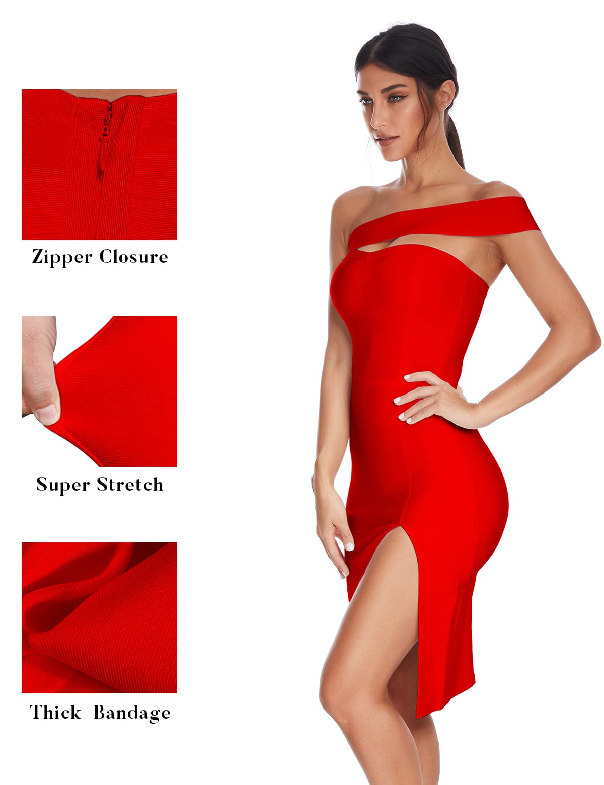 Meilun Women's One Shoulder Bandage Dress - Sexy Formal Midi Dress for Wedding Guest, Evening Party, Cocktail & Special Occasions