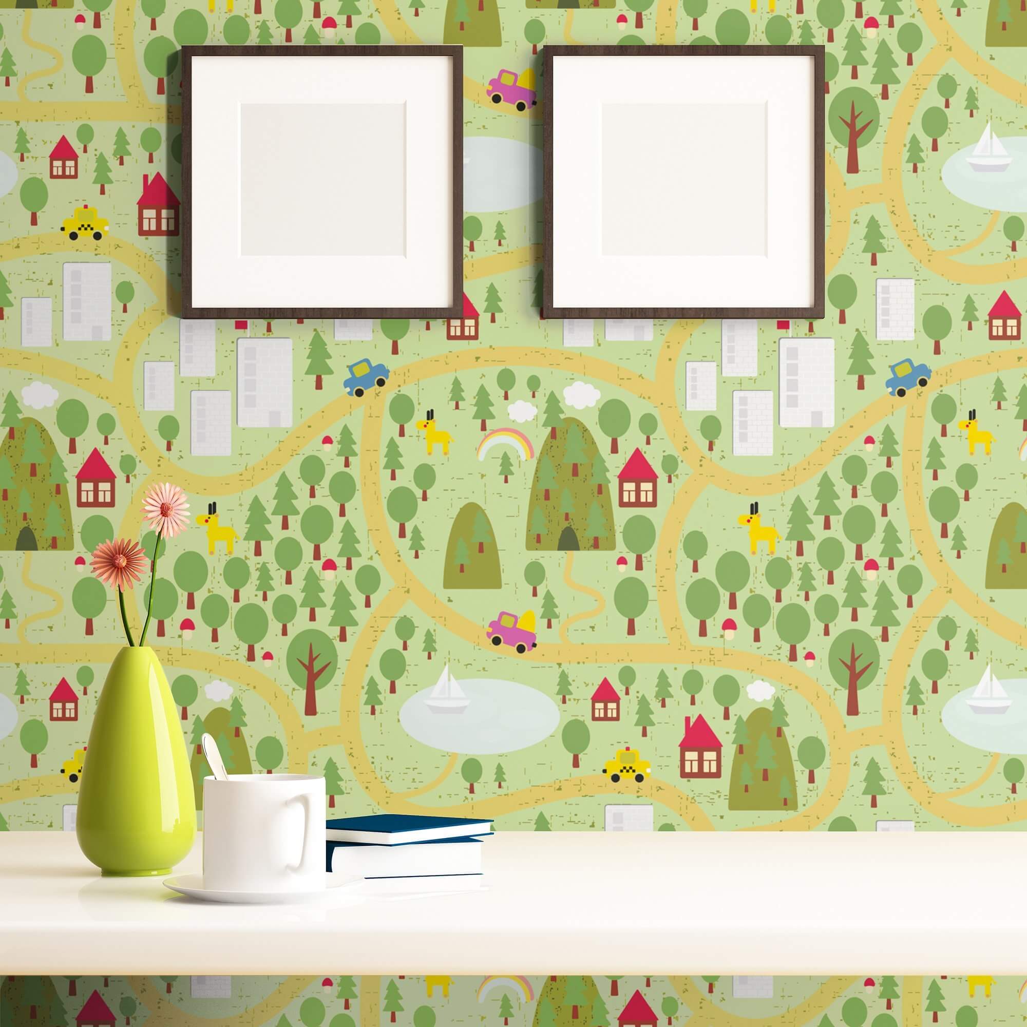 Eco-Friendly Green Map Peel and Stick Removable Wallpaper for Kids Room Decor - Perfect for Nursery, Playroom & Bedroom Wall Decoration