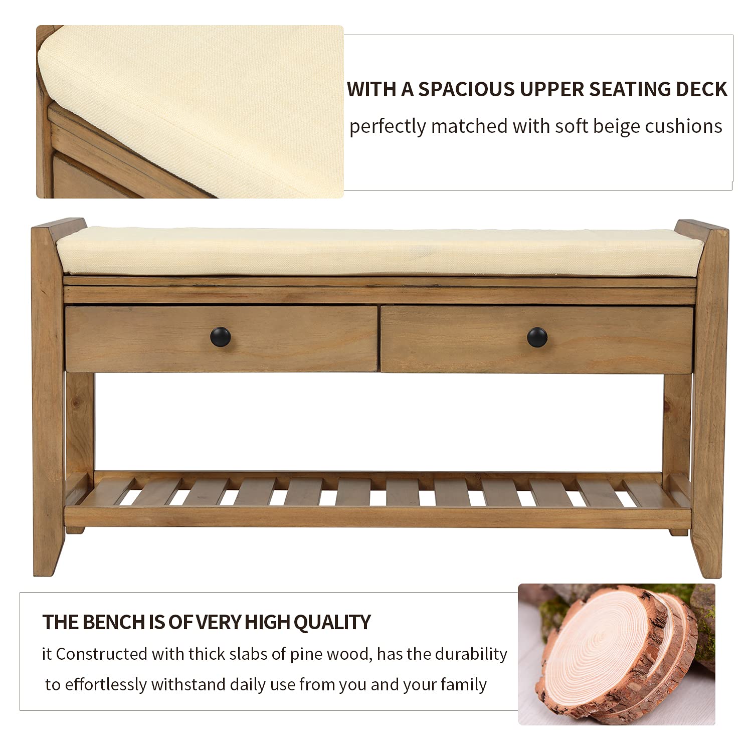 Quarte Farmhouse Shoe Bench - Rustic Wood Entryway Storage Bench with Cushioned Seat & 2 Drawers, Multipurpose Hallway Shoe Rack for Living Room, Dining Room & Bedroom - Perfect for Organizing Shoes, Hats & Scarves in Small Spaces (Old Pine Finish)