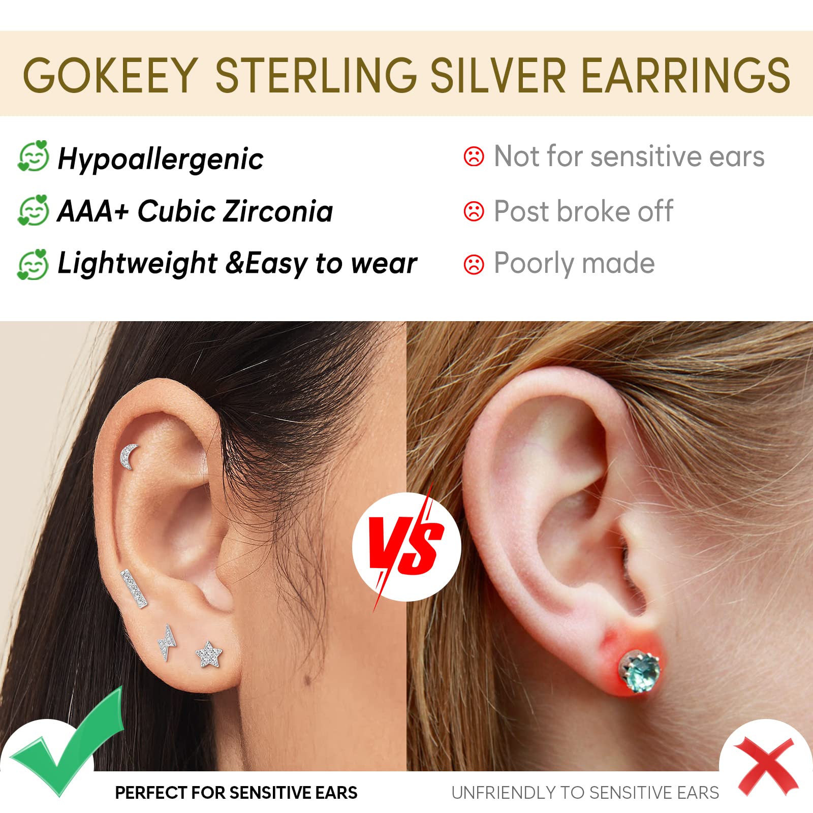 14K Gold Plated Sterling Silver Post Stud Earrings Set - 3 Pairs Hypoallergenic Tiny Stud Earrings with Cubic Zirconia (CZ) | Moon & Star Design for Women | Perfect for Everyday Wear, Gift Giving & Special Occasions