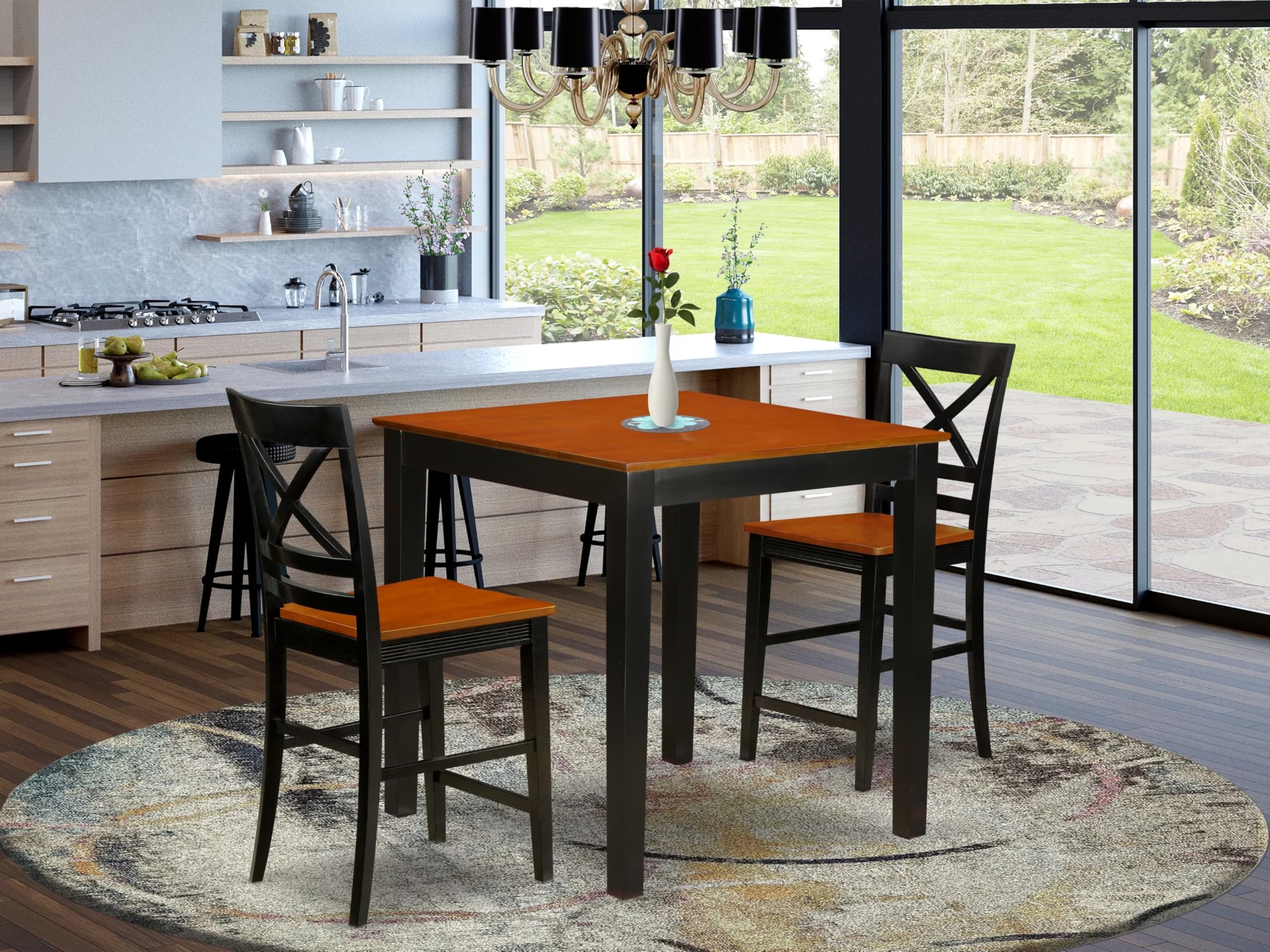 East West Furniture 3-Piece Counter Height Dining Set - 36x36 Inch Square Kitchen Table with 2 Chairs in Black & Cherry - Perfect for Small Spaces, Breakfast Nooks & Modern Apartments