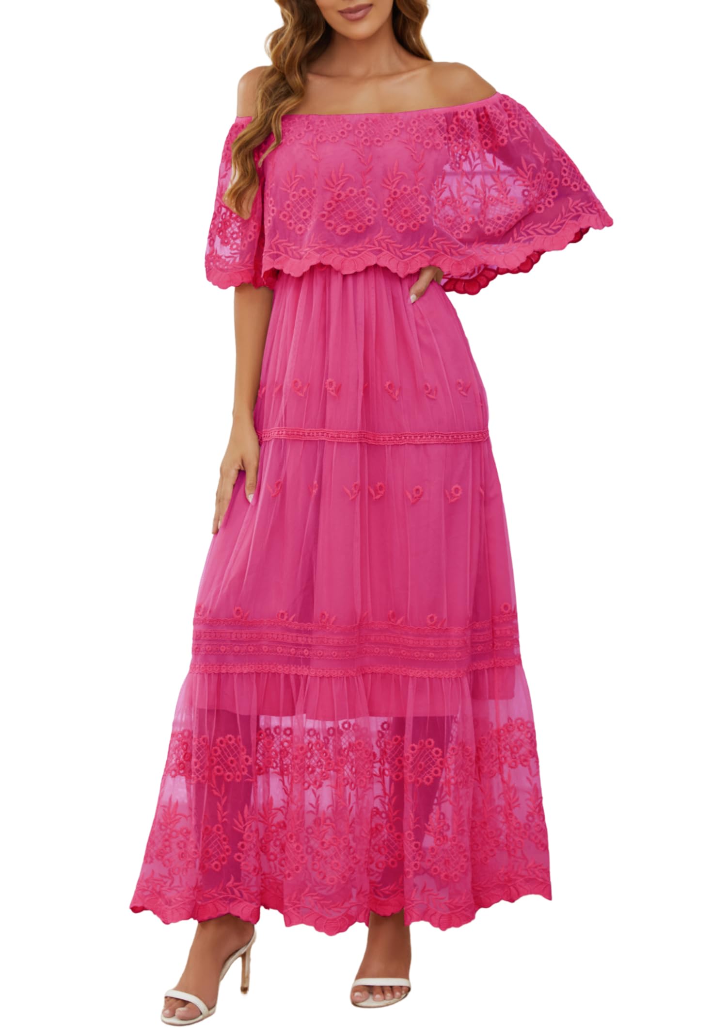Mermaid's Closet Women's Boho Off Shoulder Lace Maxi Dress - White Flowy Wedding Guest Dress for Bridesmaid, Evening Party & Summer Beach Occasions