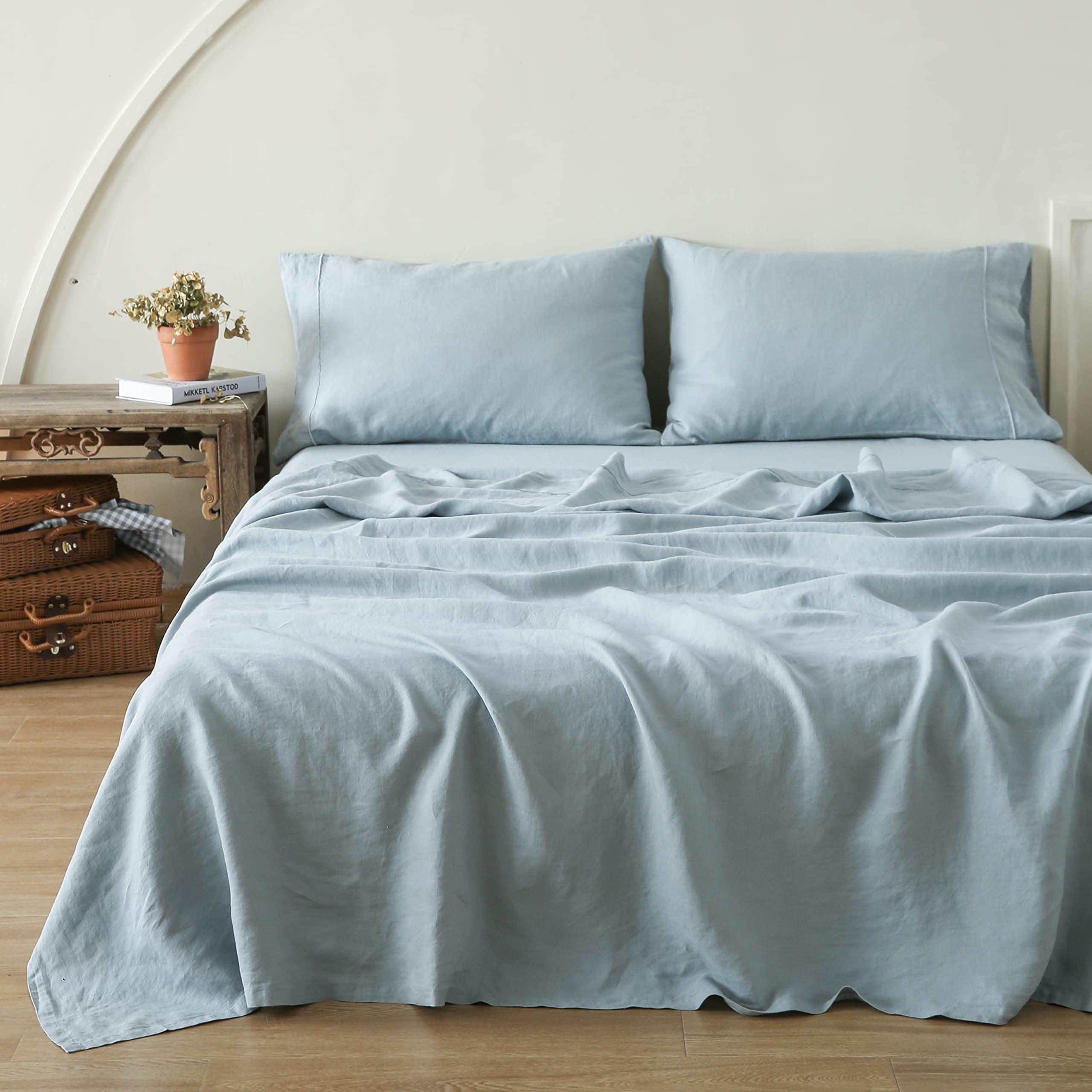 Luxury 100% Pure Linen Sheet Set King Size - Natural French Flax, Breathable Washed Bedding (4pc: 1 Flat Sheet, 1 Fitted Sheet, 2 Pillowcases) - Farmhouse Style, Dusty Blue Embroidery | Perfect for Hot Sleepers, Summer Nights & Eco-Friendly Home Decor