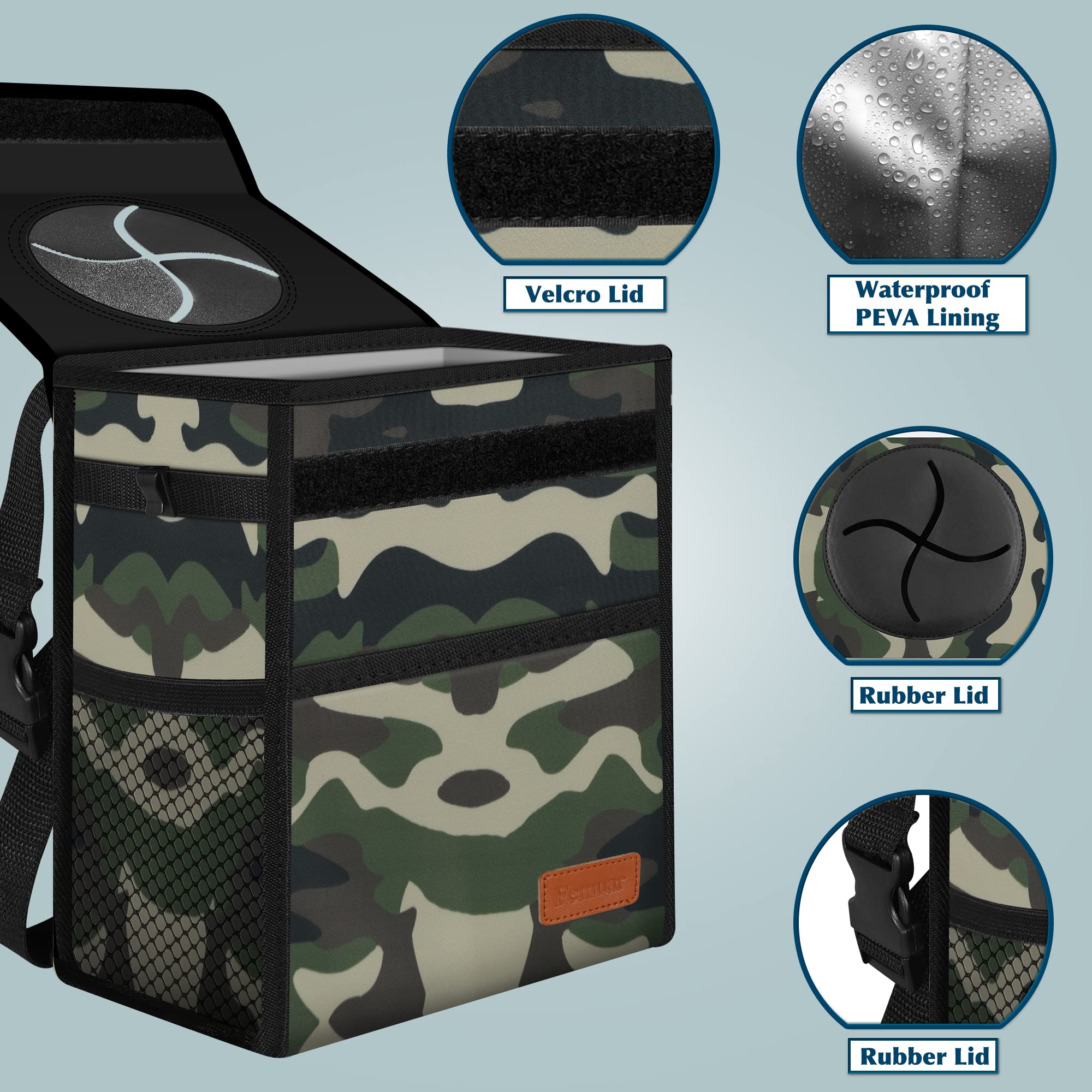 **Leak-Proof Car Trash Can with Lid - Waterproof Hanging Garbage Bag for SUV & Front Seat - Collapsible, Portable & Multipurpose with Storage Mesh Pocket - Ideal for Road Trips, Commuting & Travel (Camouflage)**