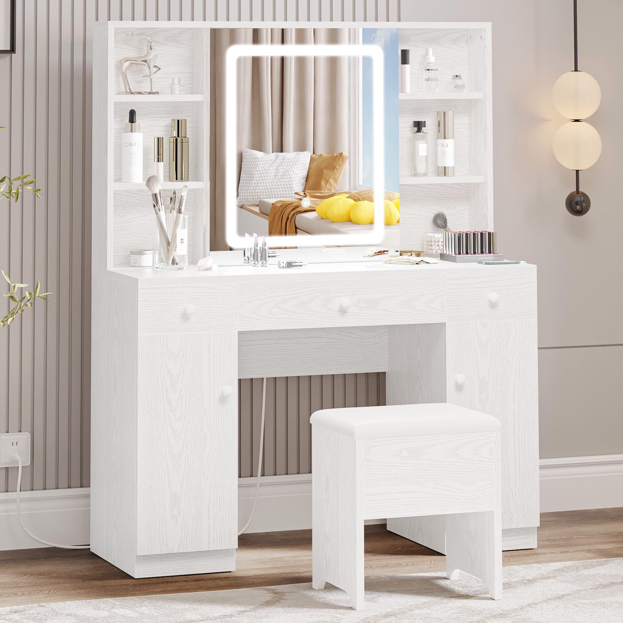 IRONCK Industrial Style White Vanity Desk Set with Large LED Lighted Mirror & Power Outlet - 7 Drawers Makeup Dressing Table with Storage Bench for Bedroom | Perfect for Makeup Application, Hair Styling & Home Decor