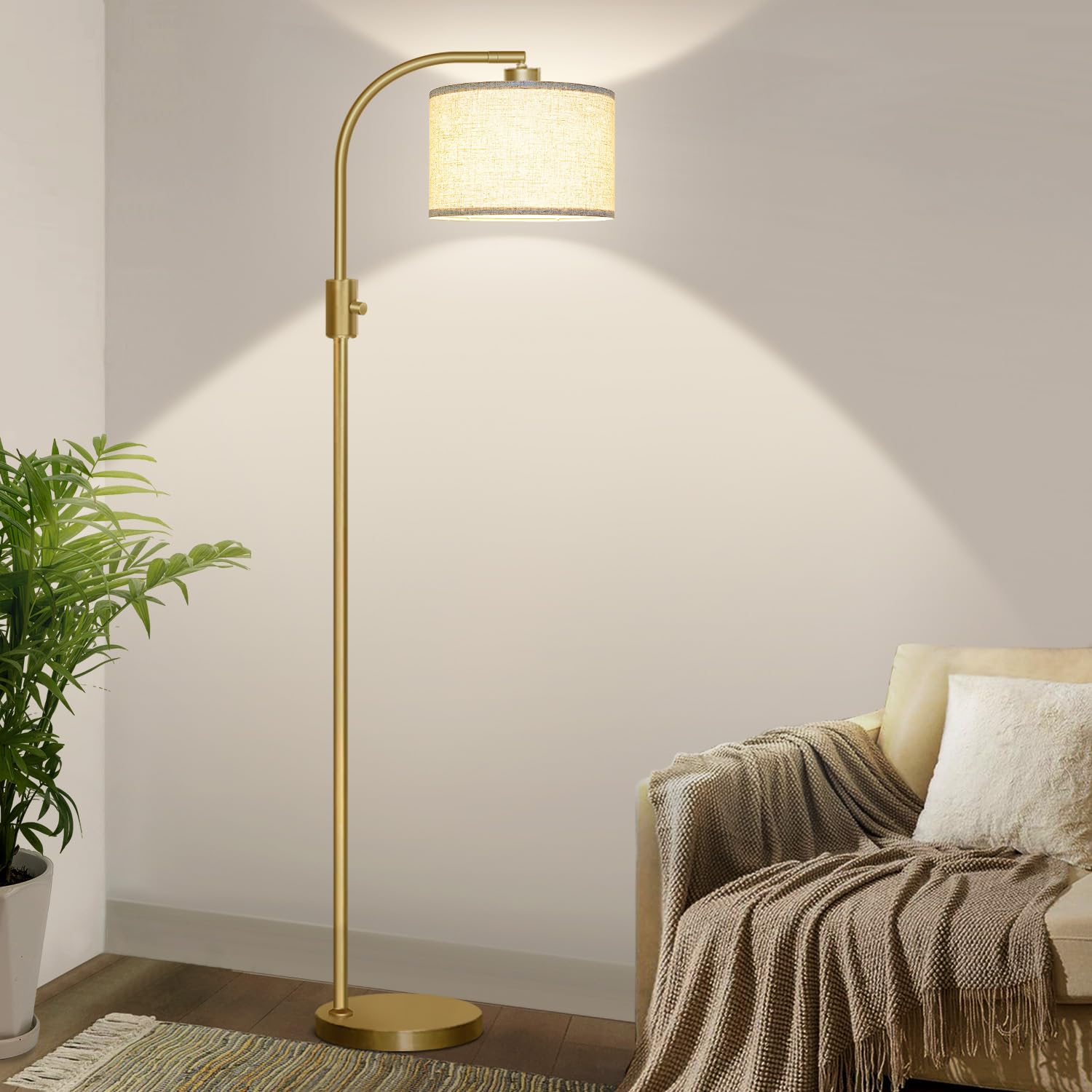 Upgraded Dimmable Gold Floor Lamp with 1200 Lumens LED Bulb - Modern Arc Standing Lamp with Linen Shade for Living Room, Bedroom, Office, Nursery - Perfect for Reading, Relaxing & Home Decor